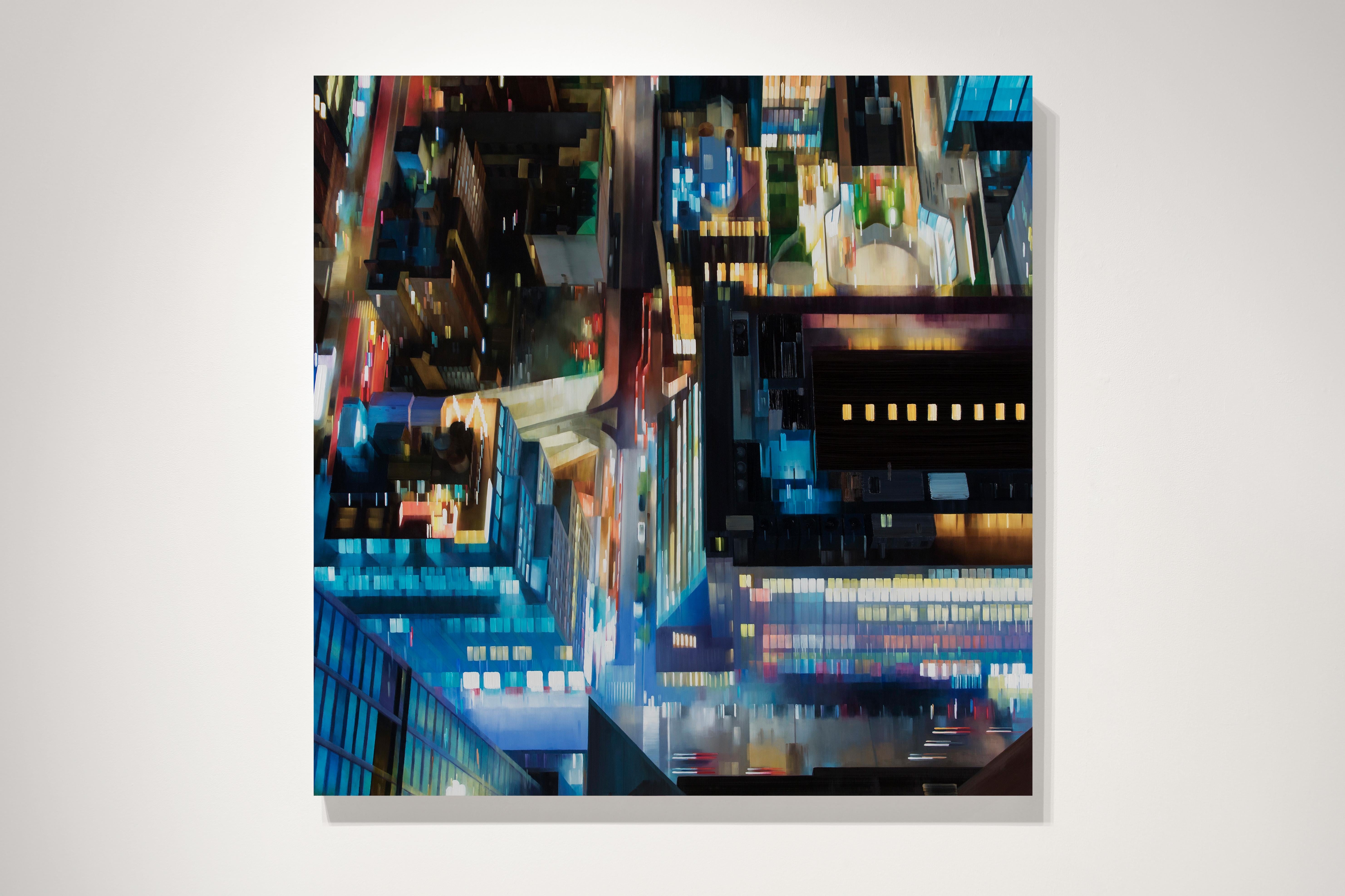 ON THE EDGE - Contemporary Cityscape / Neon Lights / New York City / Urban - Painting by Alexandra Pacula