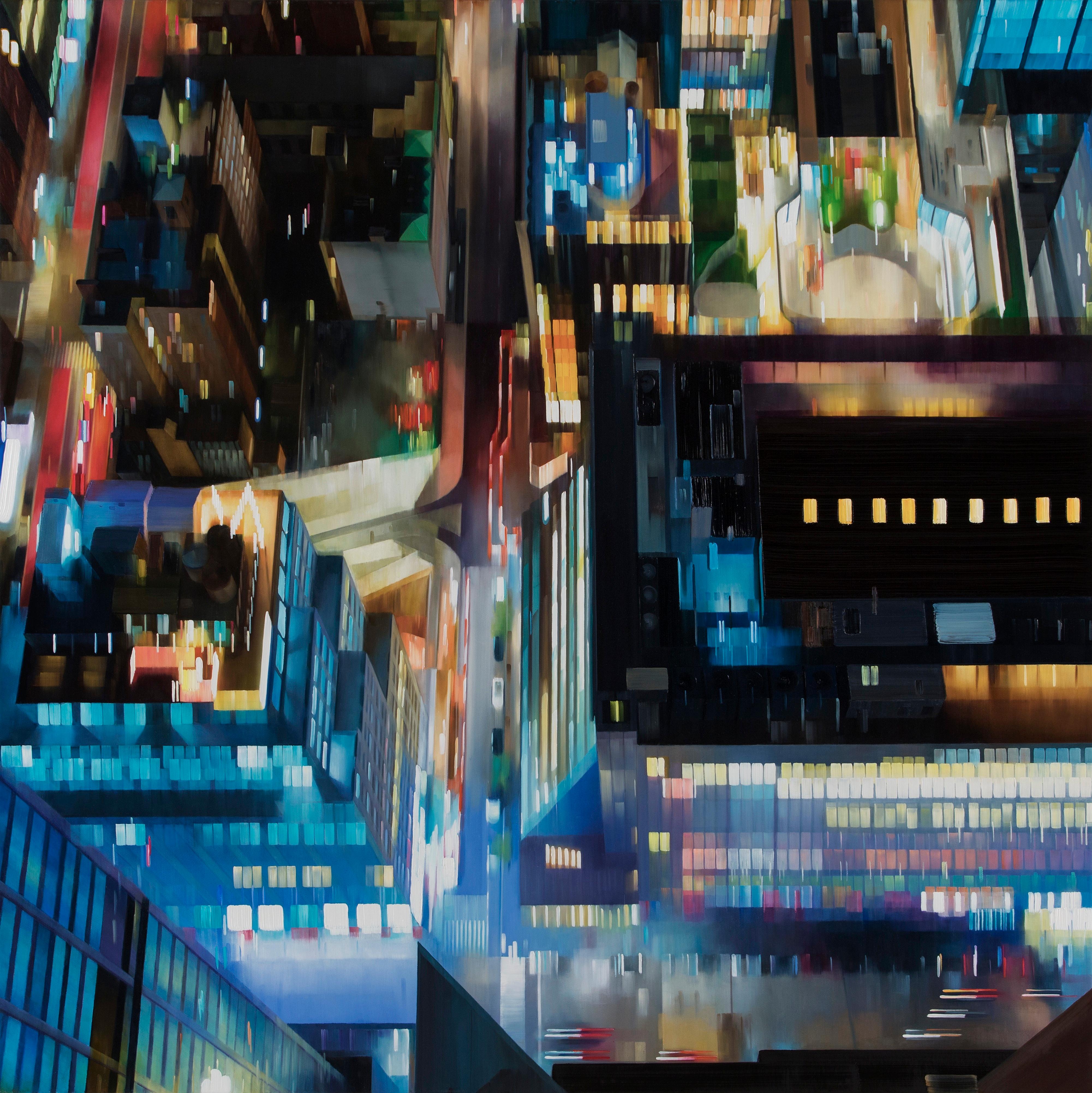 Alexandra Pacula Landscape Painting - ON THE EDGE - Contemporary Cityscape / Neon Lights / New York City / Urban