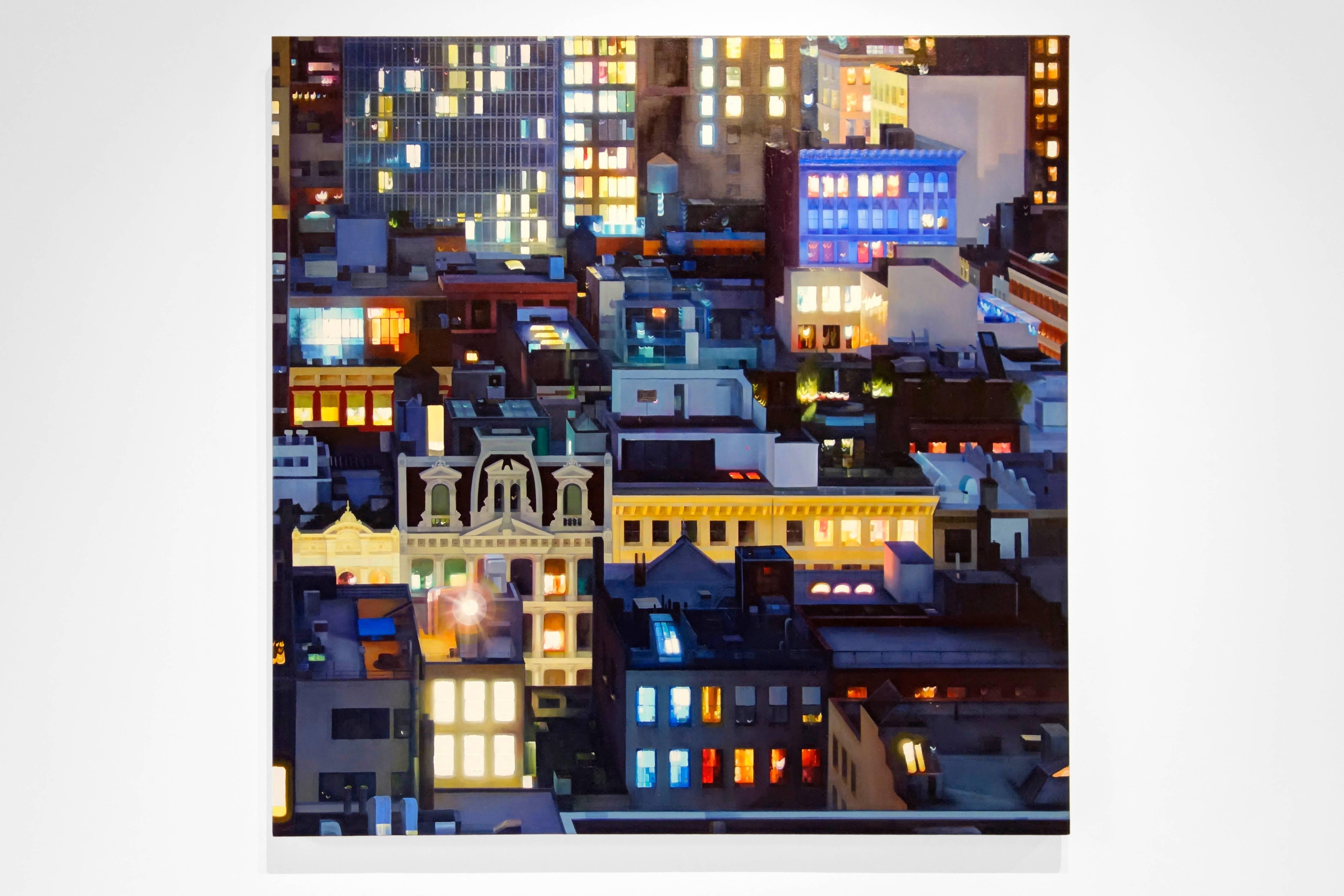 QUEEN OF GREENE, city skyline, photo-realism, detailed buildings, window lights - Painting by Alexandra Pacula