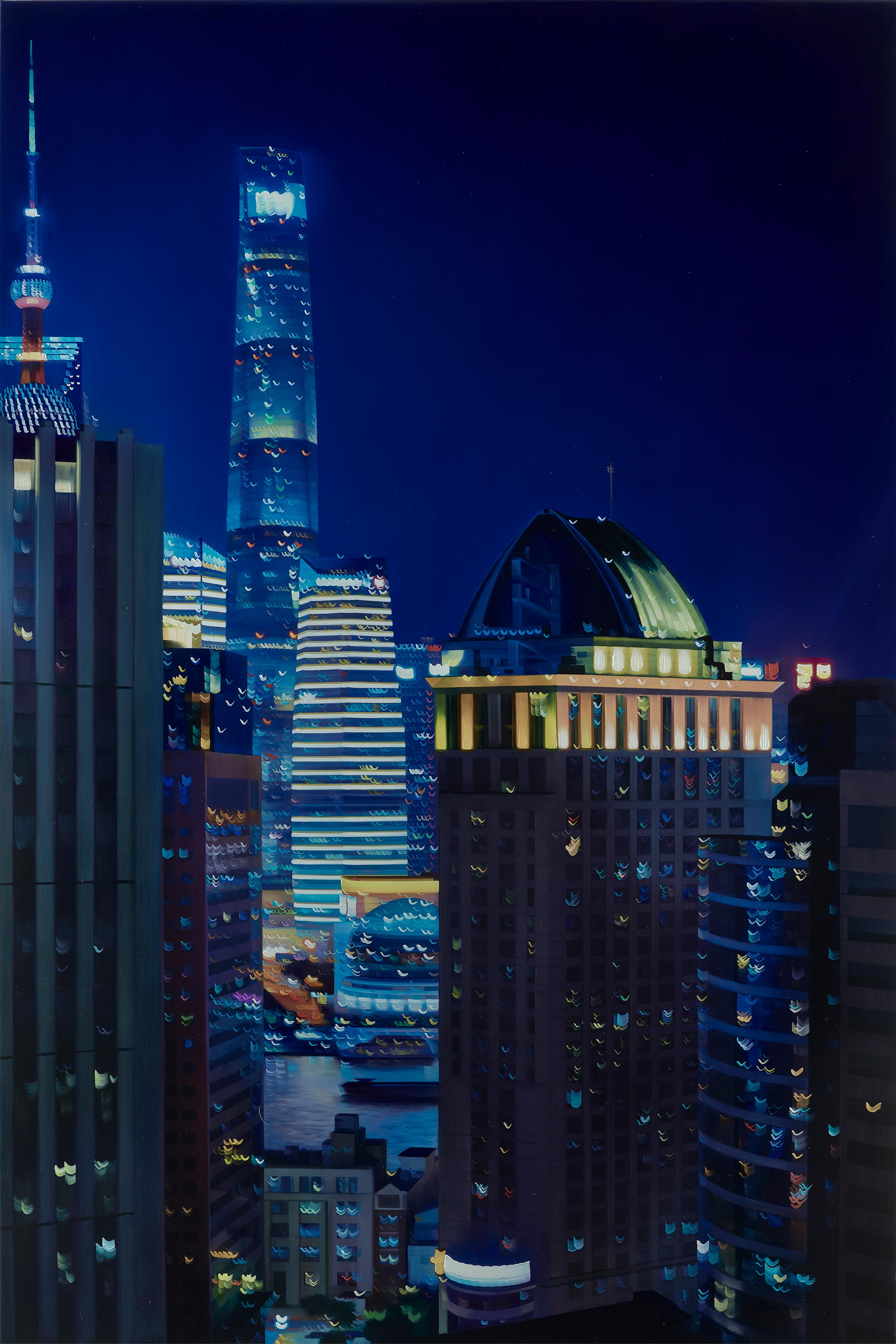Alexandra Pacula Landscape Painting - SHEN CITY, Contemporary Realism, Cityscape, Night, Futuristic, Asian