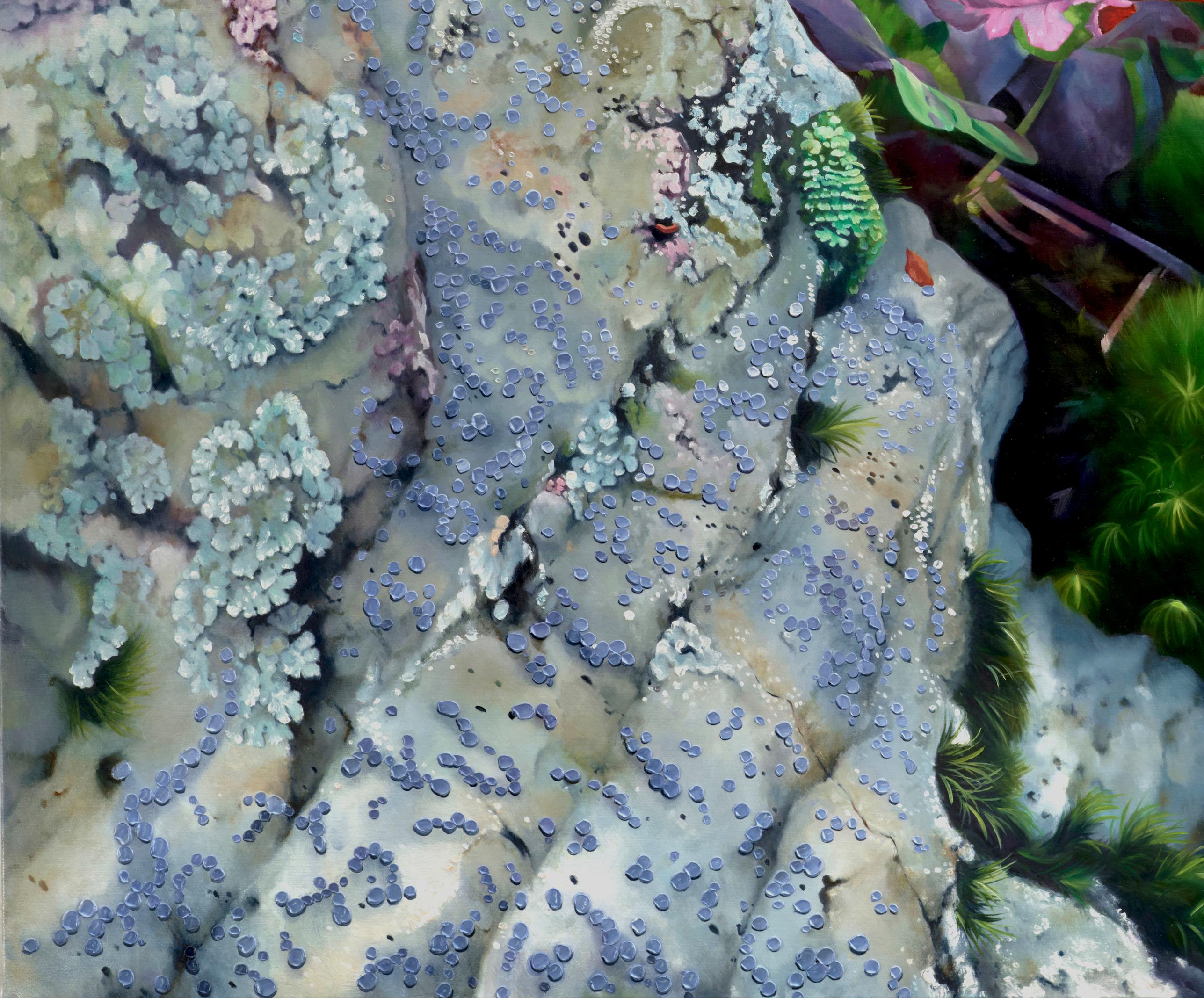 SPRING THAW - rose et vert / roche moussue / forêt du Nord-Ouest Pacifique - Painting de Alexandra Pacula