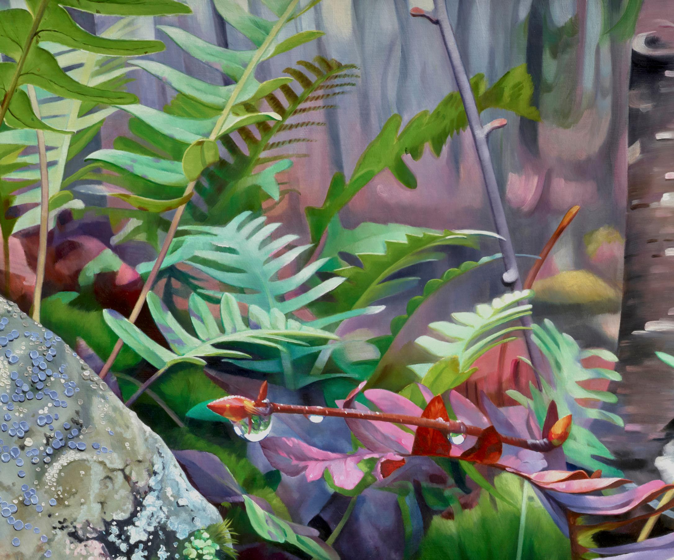 SPRING THAW - rose et vert / roche moussue / forêt du Nord-Ouest Pacifique - Contemporain Painting par Alexandra Pacula