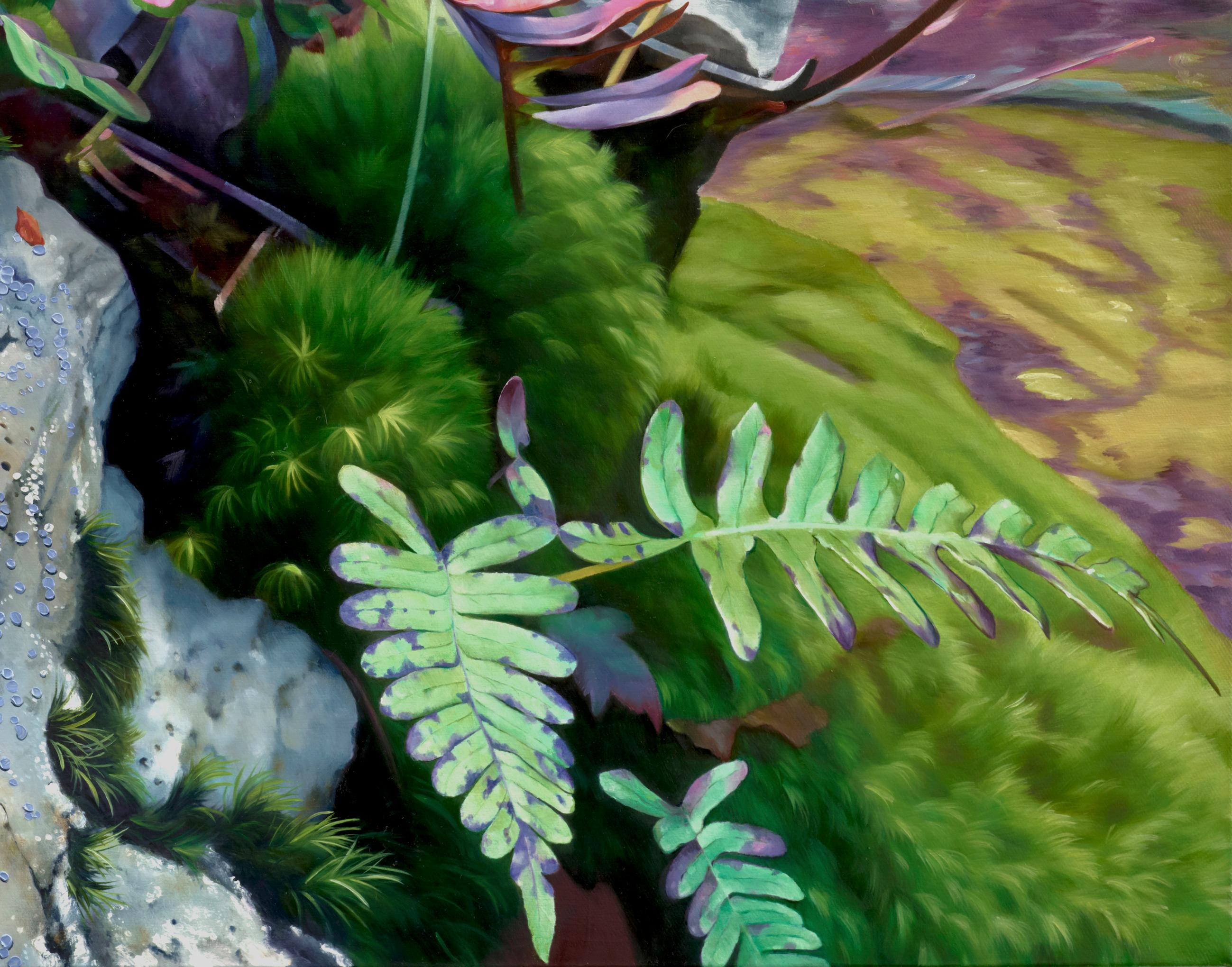 SPRING THAW - rose et vert / roche moussue / forêt du Nord-Ouest Pacifique - Gris Landscape Painting par Alexandra Pacula