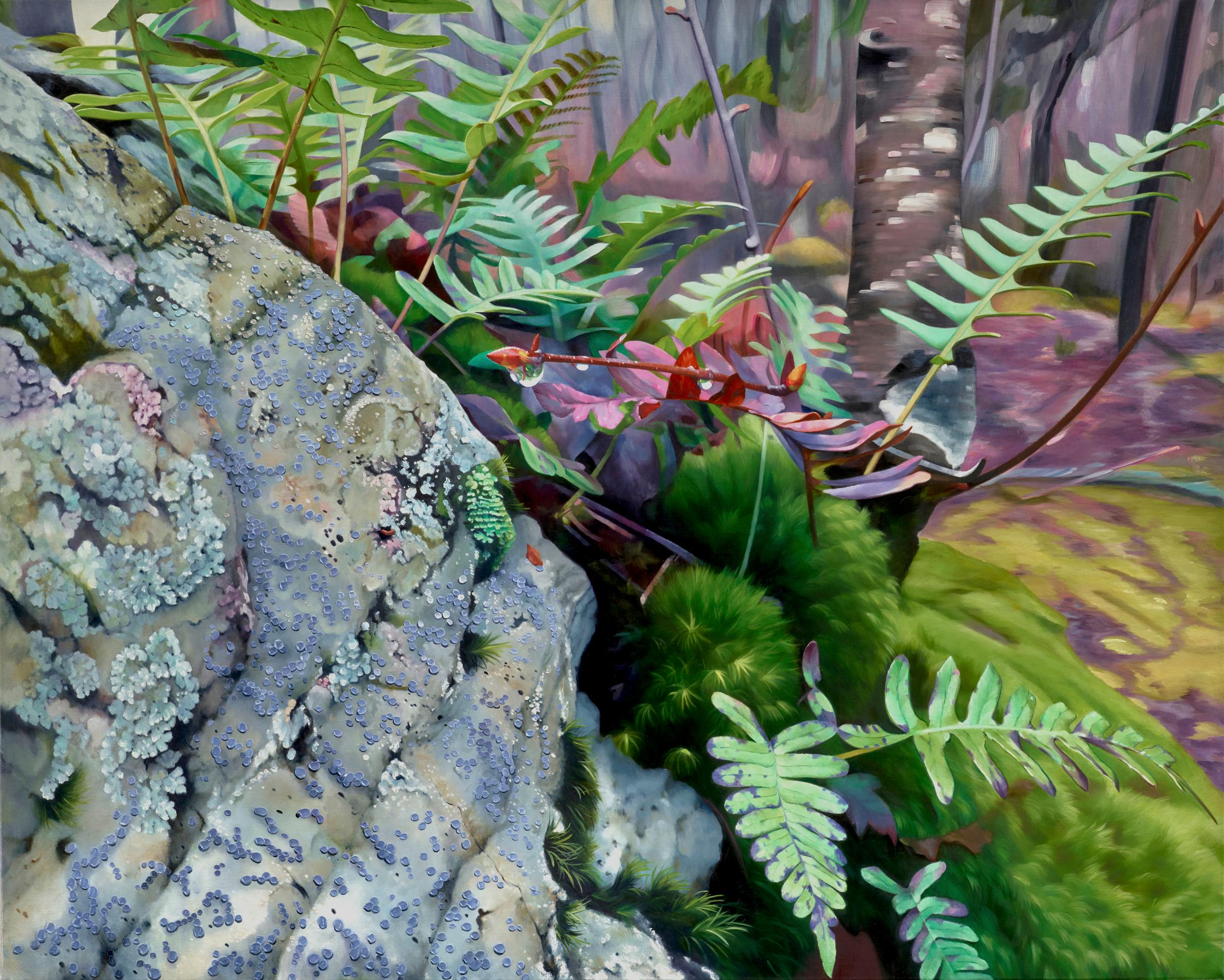Landscape Painting Alexandra Pacula - SPRING THAW - rose et vert / roche moussue / forêt du Nord-Ouest Pacifique