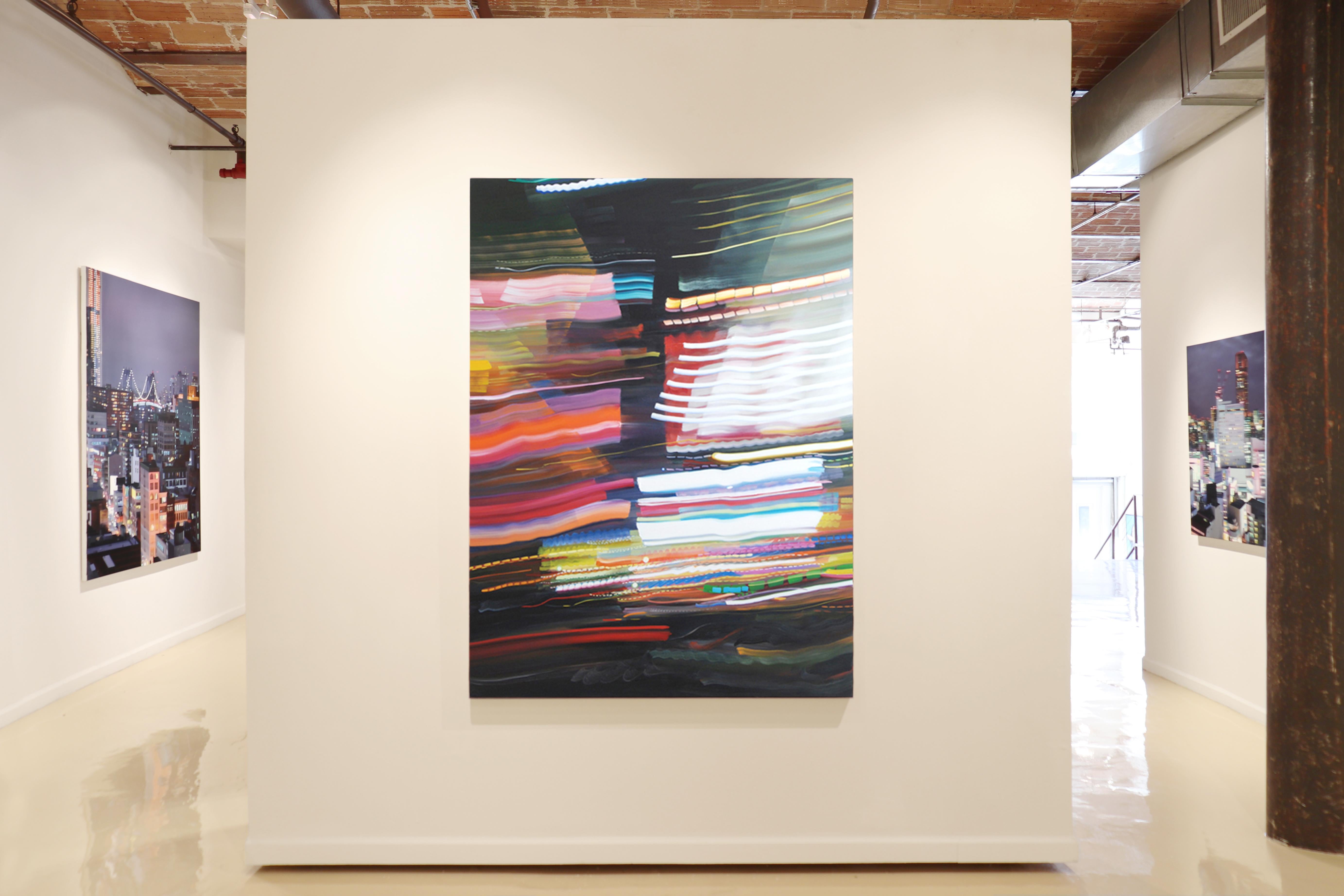 SWIFT INCIDENCE, blurry lights, NYC, city at night, neon, painterly - Painting by Alexandra Pacula