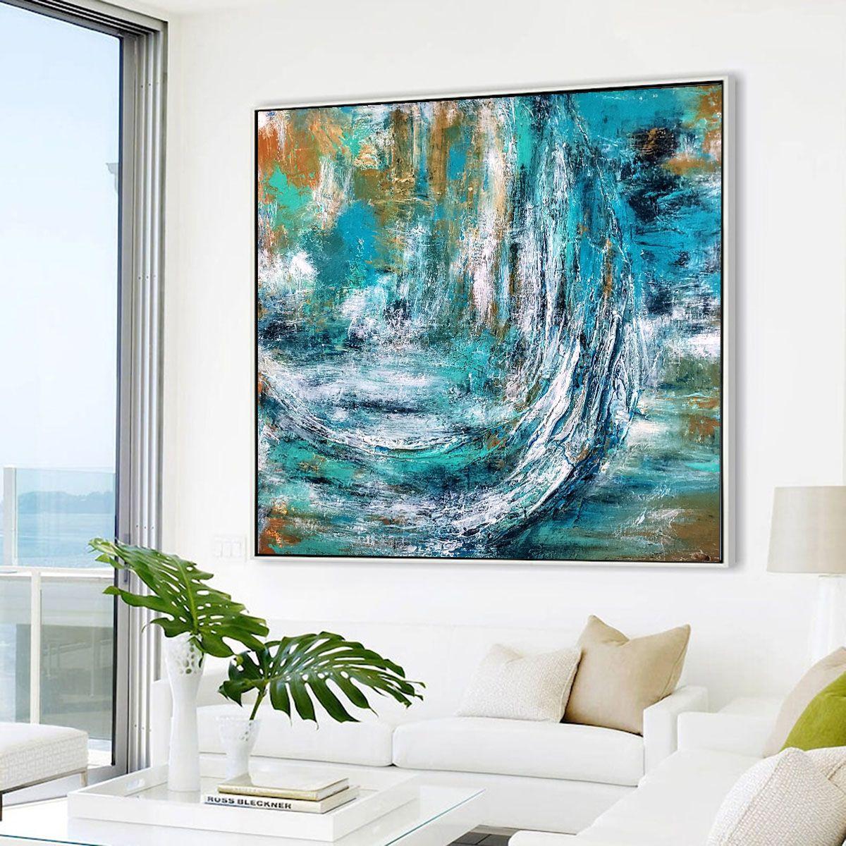 The abstract painting inspired by the Aegean Sea features shades of blue and green. The colors blend seamlessly into each other, creating a calming and sereneambiance that captures the essence of the Aegean Sea.    The painting is full of texture,