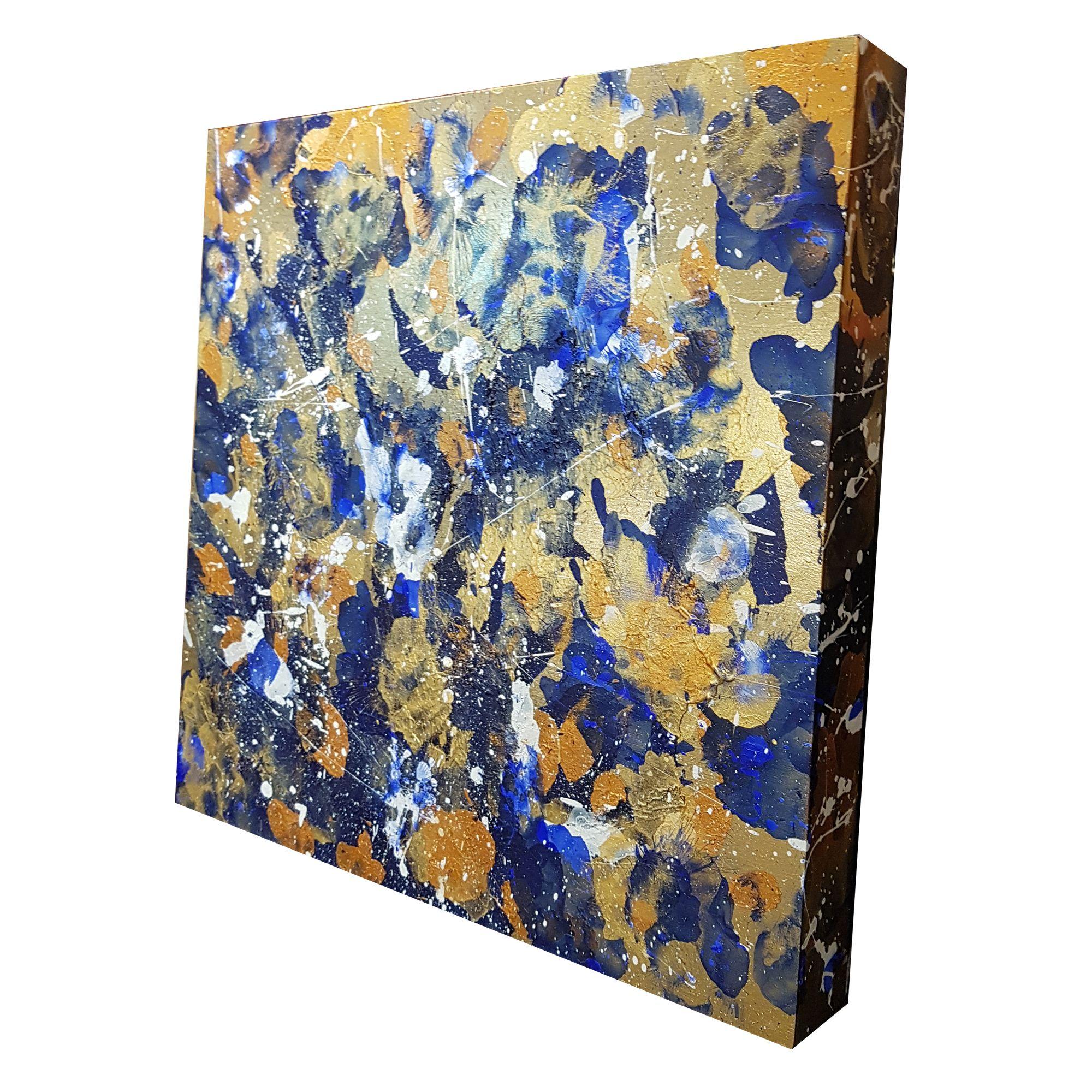 Golden Light is an original abstract expressionism painting with an amazing metallic gold colour, sprayed in the back and then glazed over top of dark blue, white and copper that's translucently layered over top of one another and side by side. The