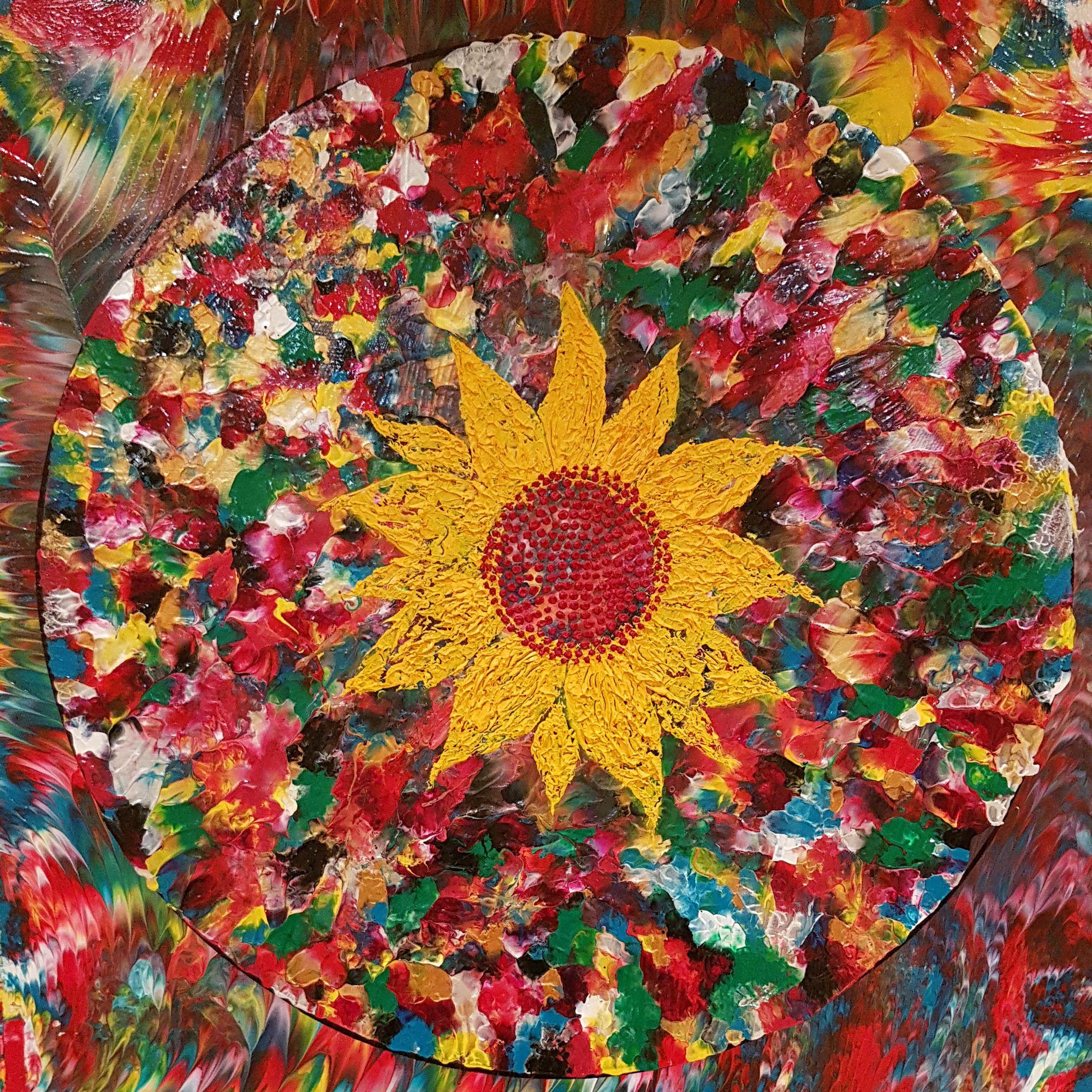 Psychedelic Sunflower, Mixed Media on Wood Panel - Mixed Media Art by Alexandra Romano