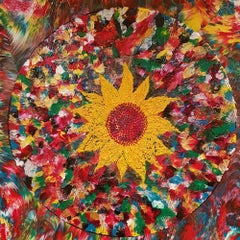 Psychedelische Sonnenblume, Mixed Media auf Holzplatte