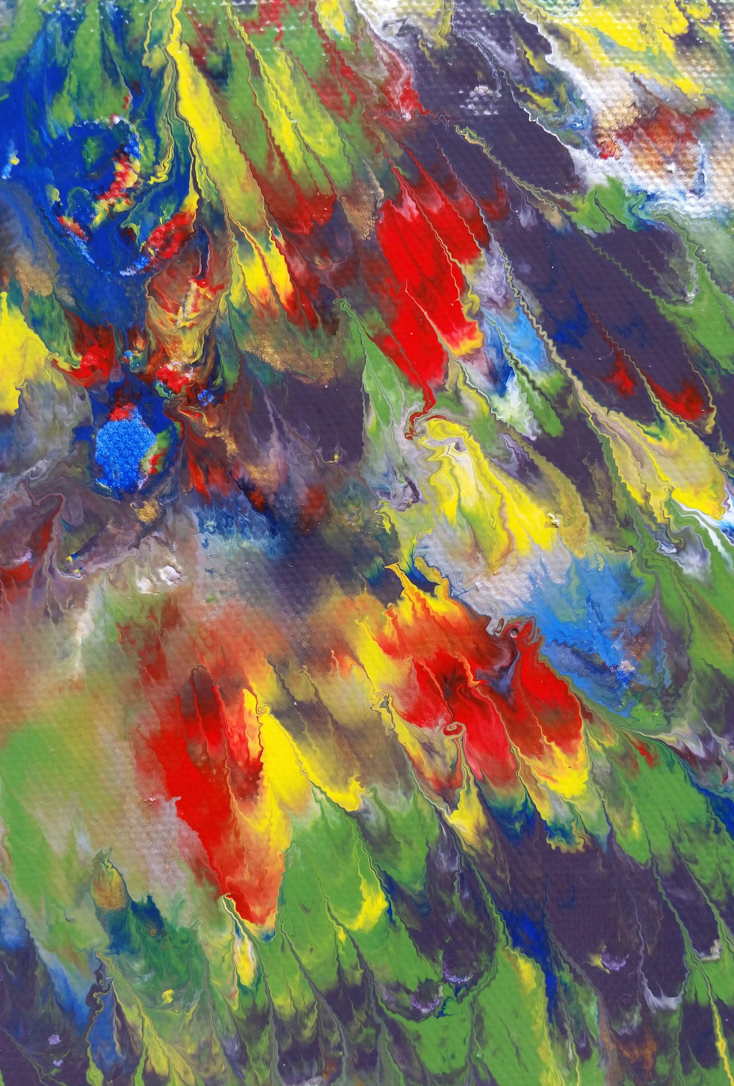 With vibrant colors over a light lavender purple background, this painting bursts with bold movement. Blue and white blends adorn the top of the piece to resemble billowing clouds, while yellow and red shoot down the piece to imitate volcanic rocks;
