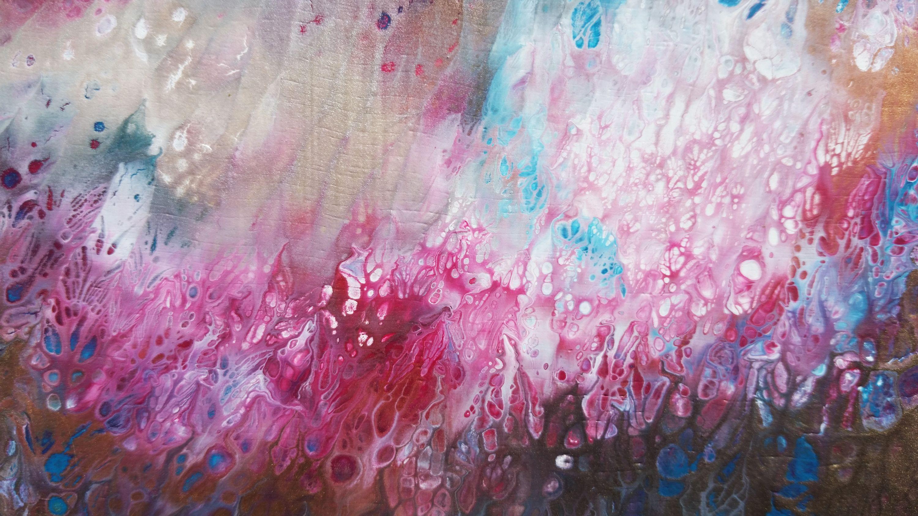 Stunning subtle abstract painting with cloudy, ethereal, angelic colour palette. Pink, blue, white and gorgeous, lustrous metallic gold, copper and silver flow around this unique piece that's was given to Zeus on his wedding day :-)     Created with