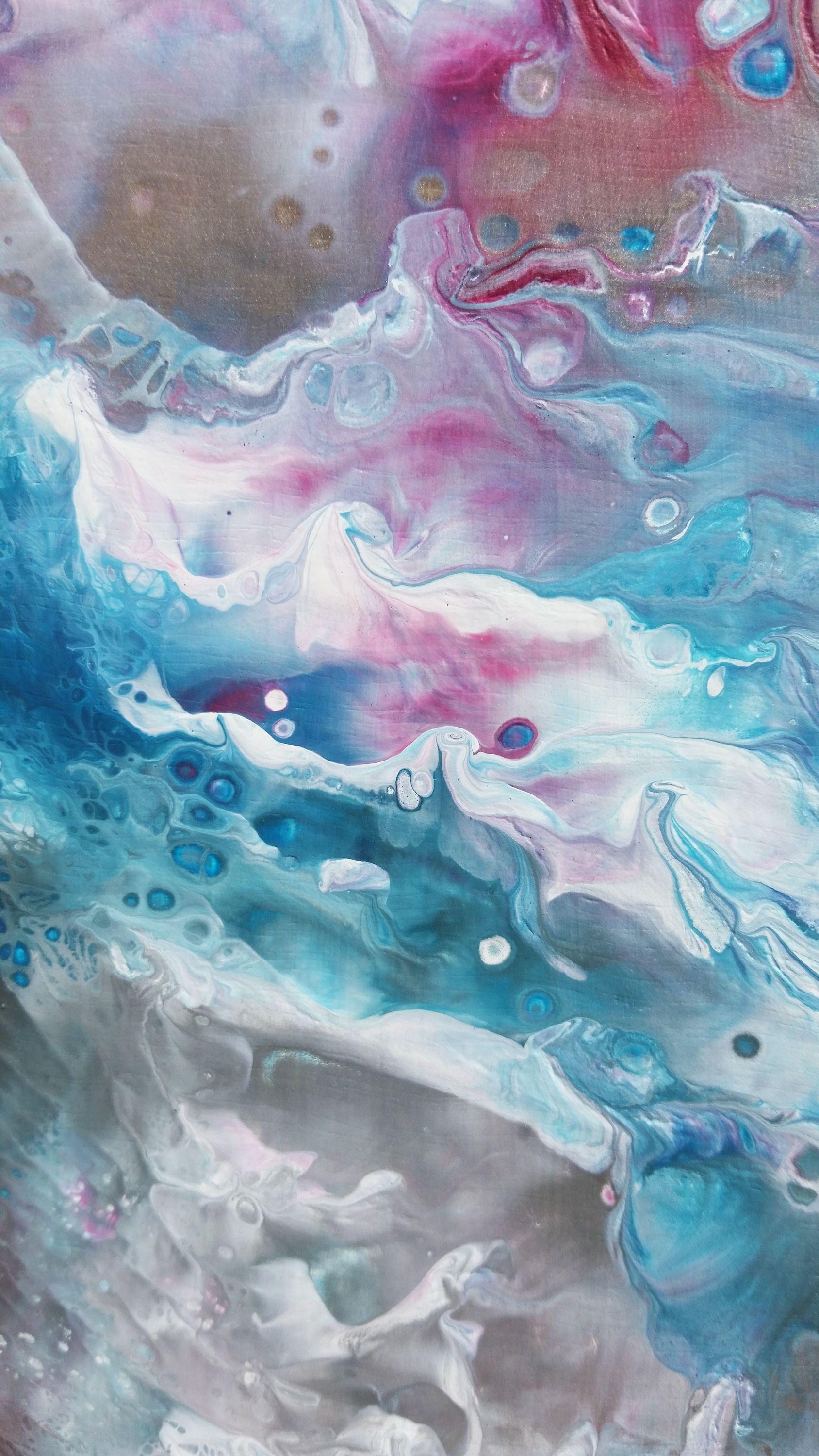 A beautiful abstract with movement, texture, and an amazing palette of magenta, refreshing turquoise, white, metallic copper, bronze, and silvery grey. Created on a wood canvas with 3-inch sides that are painted in a similar style to the front,