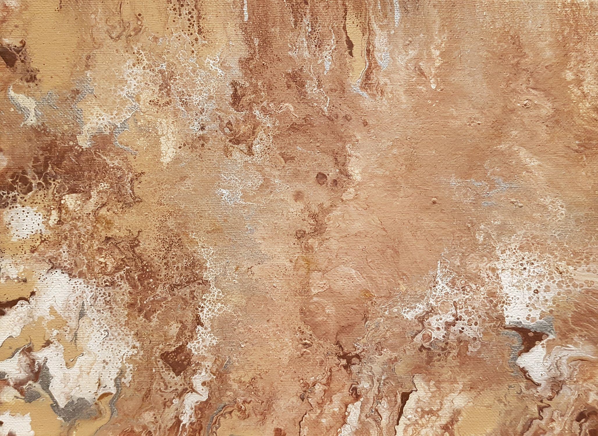 This one-of-a-kind abstract expressionism painting has beautiful movement, small bubble-like details, light beige, tan colors, and sand brown earth tones that resemble a barren, deserted landscape.    Original Abstract Painting  Created in 2016 