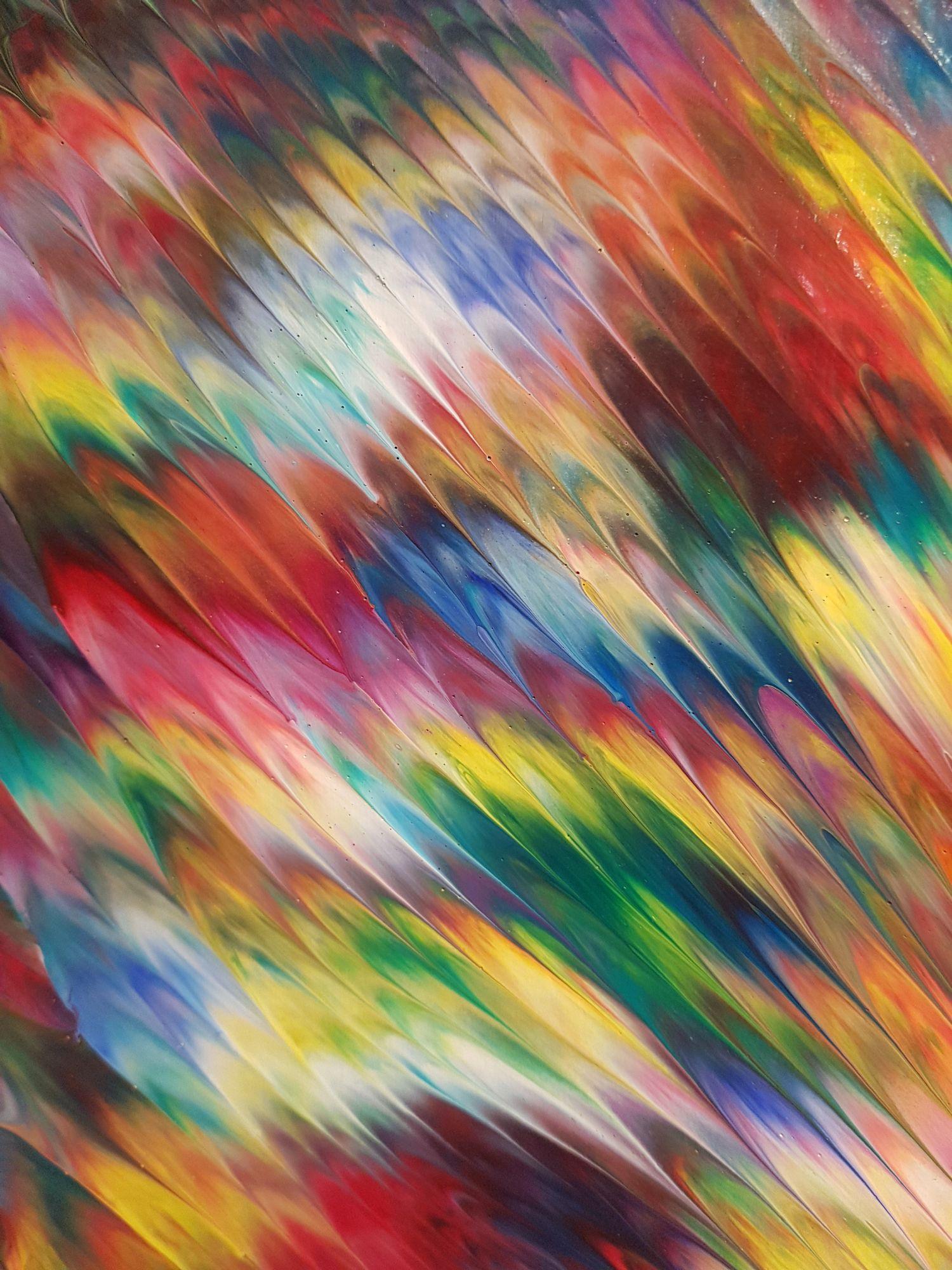 Une peinture d'expressionnisme abstrait avec des textures uniques, un mouvement féroce et des couleurs vibrantes, peinte sur une toile faite sur mesure avec des côtés épais de 3 pouces peints dans le même style que le devant pour un regard percutant
