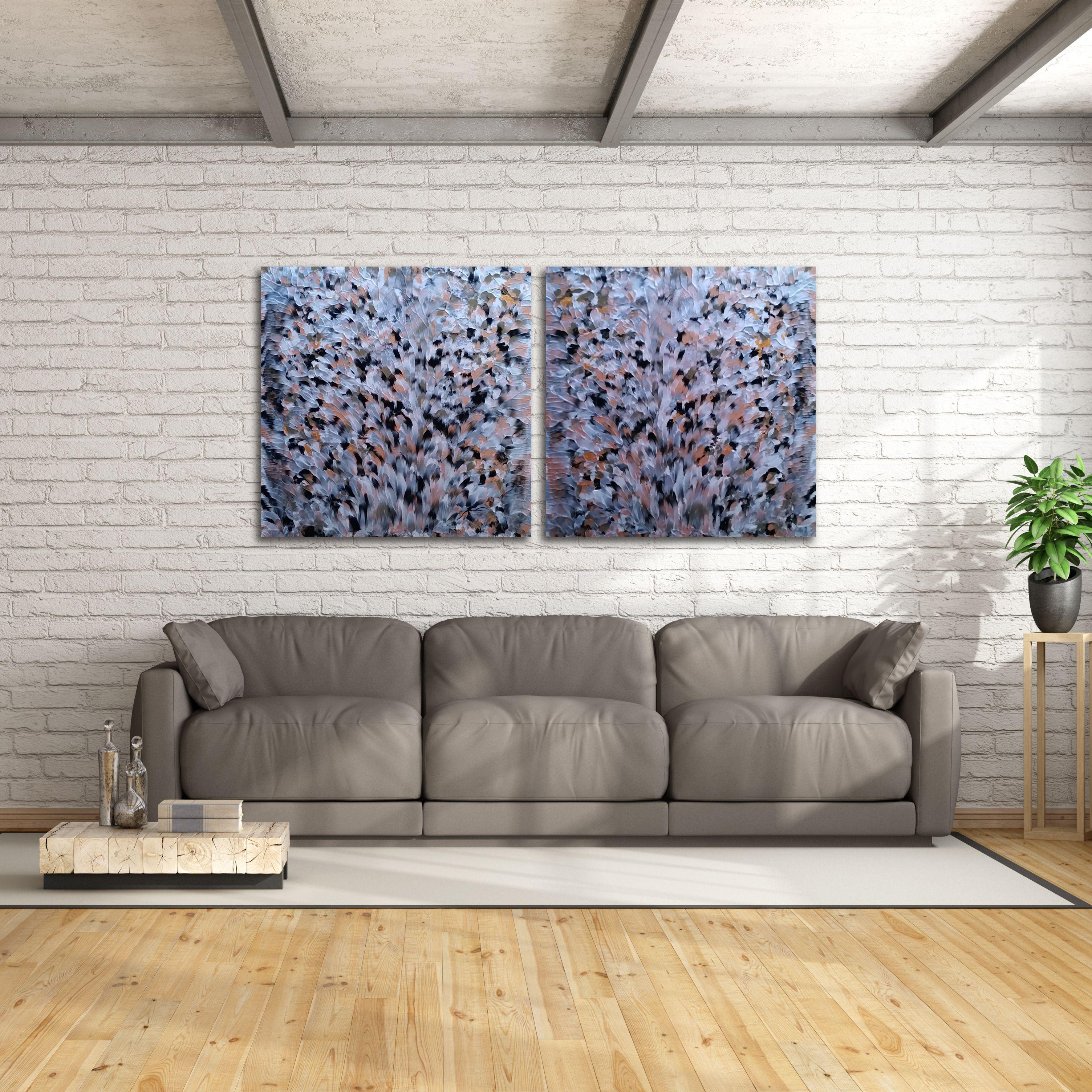 One-of-a-kind, contemporary abstract expressionism painting features a metallic silver, copper, bronze, and iridescent pearl with a high-gloss finish that gives the work a wet look and emphasizes its bold and unique texture that looks like whimsical