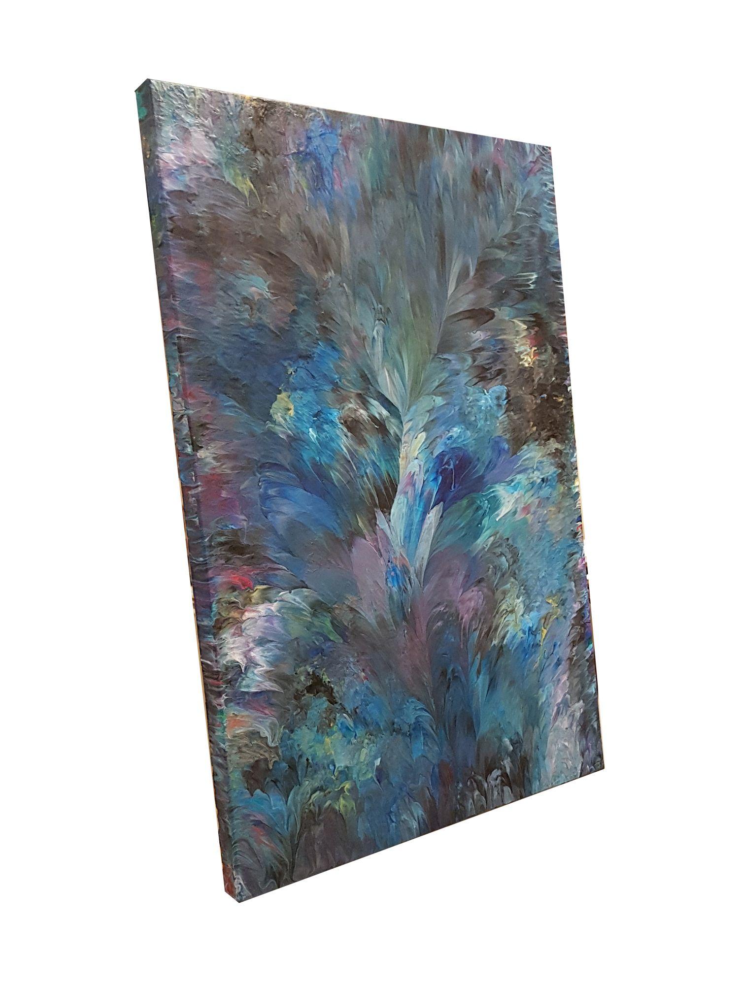 The unique abstract painting 'Blue Abyss' features a deep and dark colour palette. Black and blue colours, violet hues, white and yellow accents fiercely interact with each other and explode from a central focal point, creating a fast-moving stream