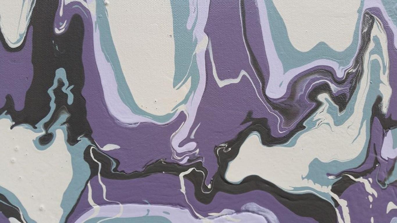 Lavender, dark violet, sage grey-green, charcoal gray, and cloud white mix in this expressive fluid painting, resulting in organic forms that resemble a modern camouflage pattern.     Original Abstract Painting  Created in 2015  Acrylic on Gallery