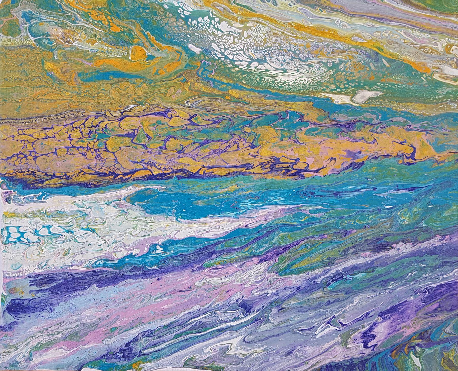 Chaotic Waves is a bold abstract with flowing movement and textures capturing the essence of expressive, crashing waves. Uniquely divided with a custom yellow hue; this asymmetrically balanced piece represents land elements and the sky above the