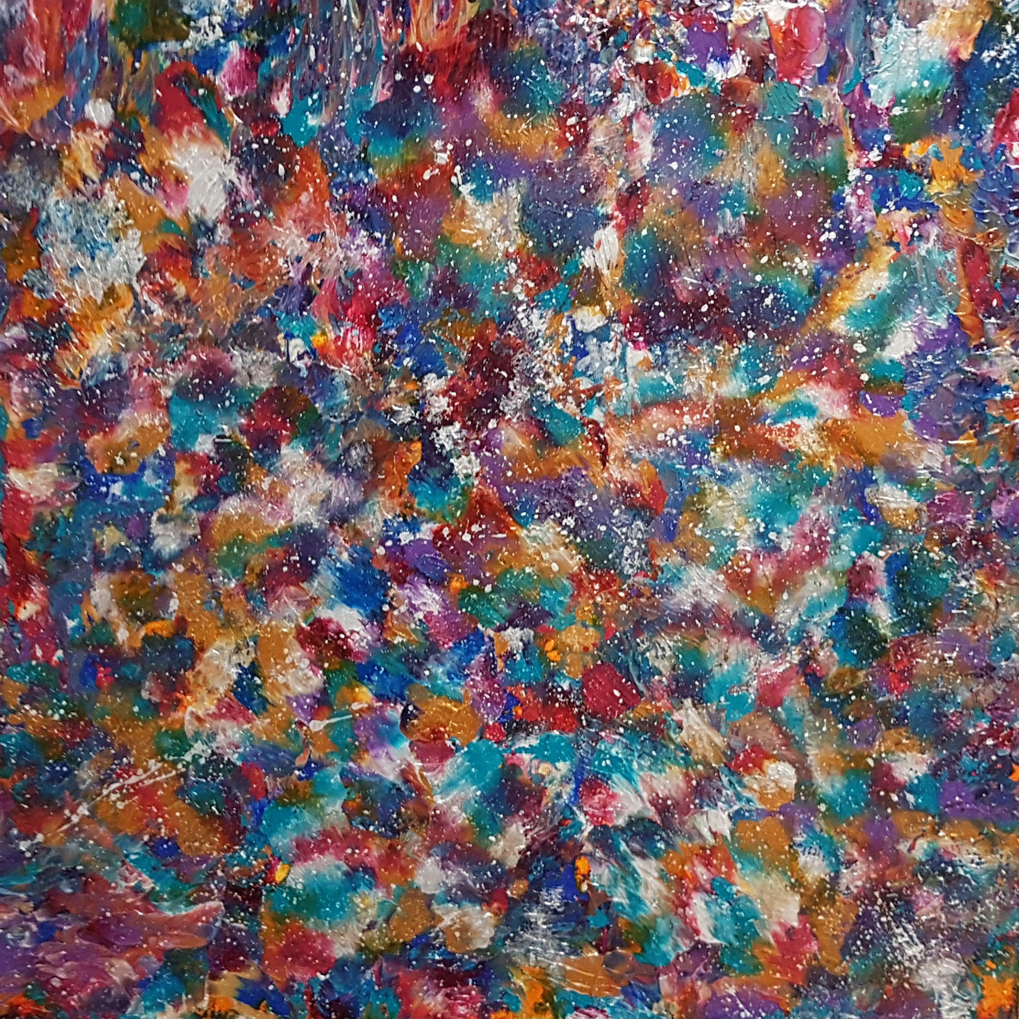 Bold abstract expressionism painting with metallic gold and silver and iridescent pearl shining beautifully overtop of unique textures and layered beside vivid colours  like refreshing turquoise complementing magenta and a beautiful sunset orange