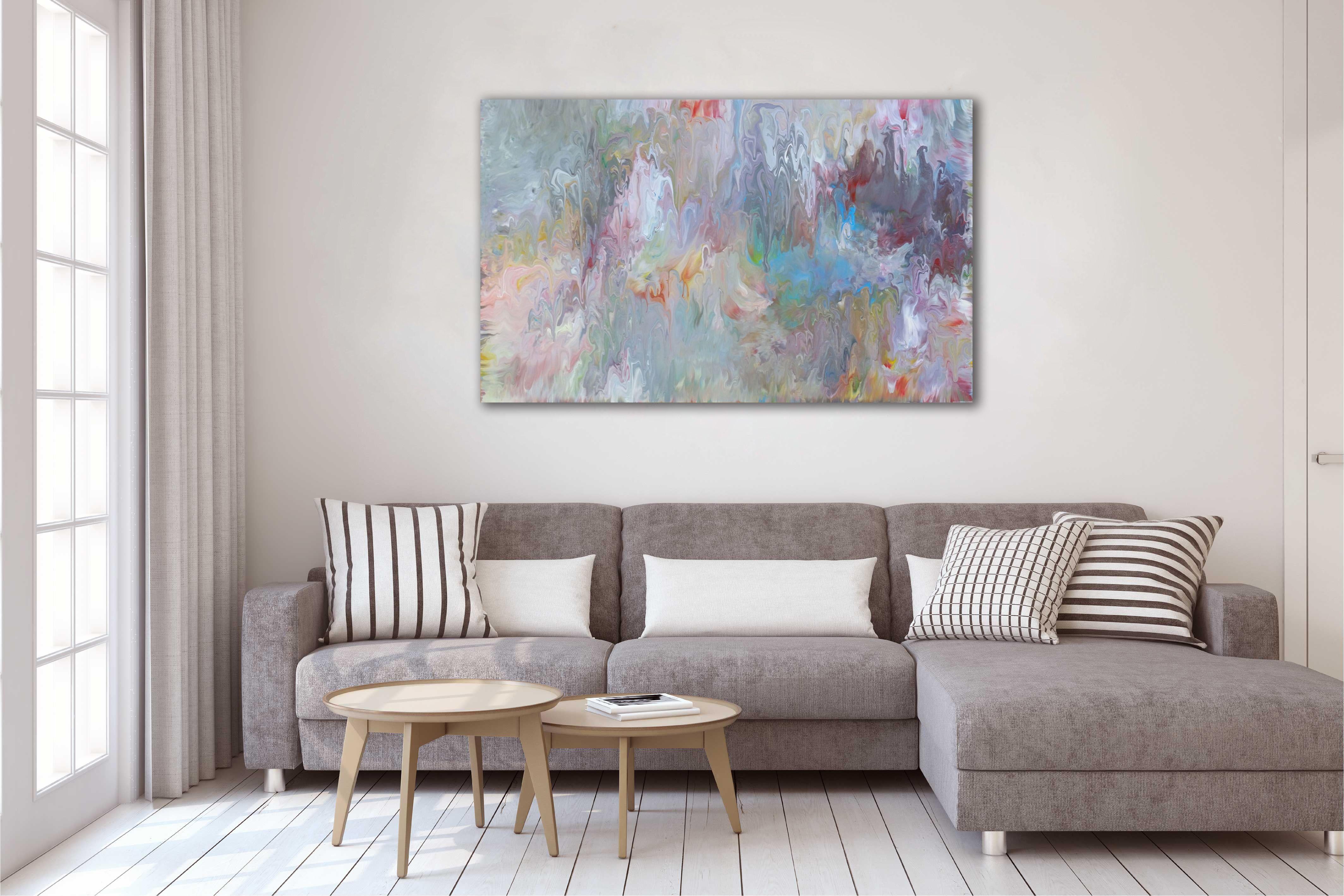 Divine Mother is an original, large, one of a kind abstract expressionism painting that exudes the power of creation. The subtle tones of warm and cool grey, pink, white and violet create a muted palette that gives off a feminine energy,