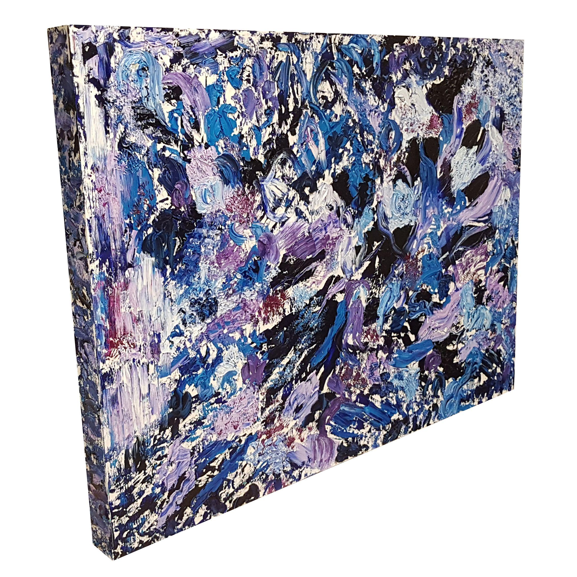 Impasto-style painting in white, blue, and violet tones created with palette knives in a bold abstract expressionism style that features high-quality oil paints with thick textured shapes and layers. The artwork is painted on a custom-made wooden