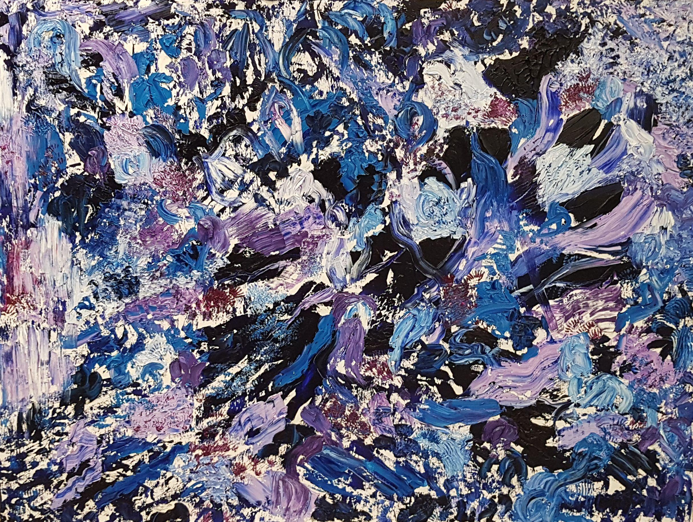 Alexandra Romano Abstract Painting – Träumende Blautöne, Gemälde, Öl auf Holzplatte