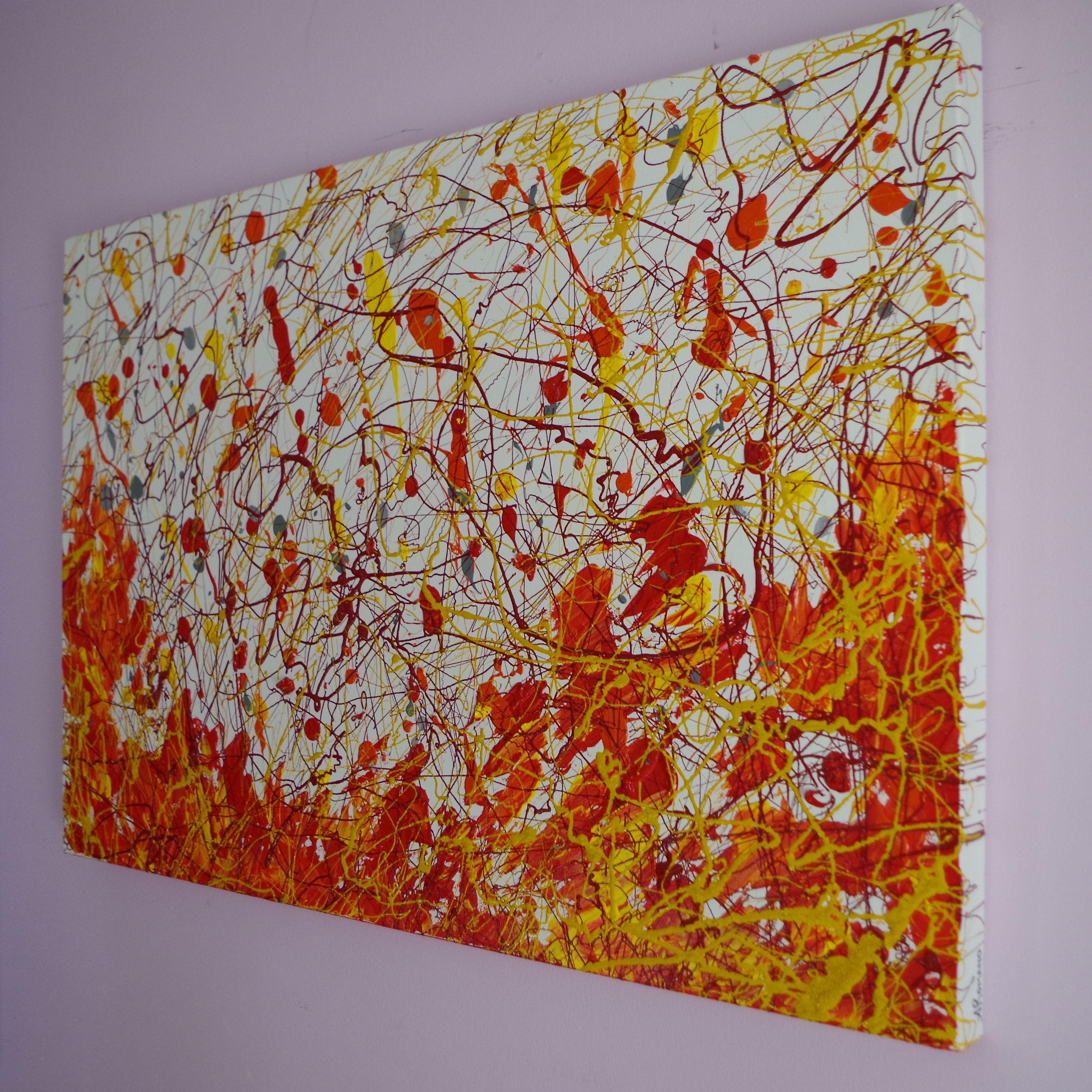 Fire Dance is a bold, original, abstract expressionism painting with dripped inks expressively splashed all over the negative white space in the background and overtop the textured, vibrant oil paints done in impasto style with palette knives.  The