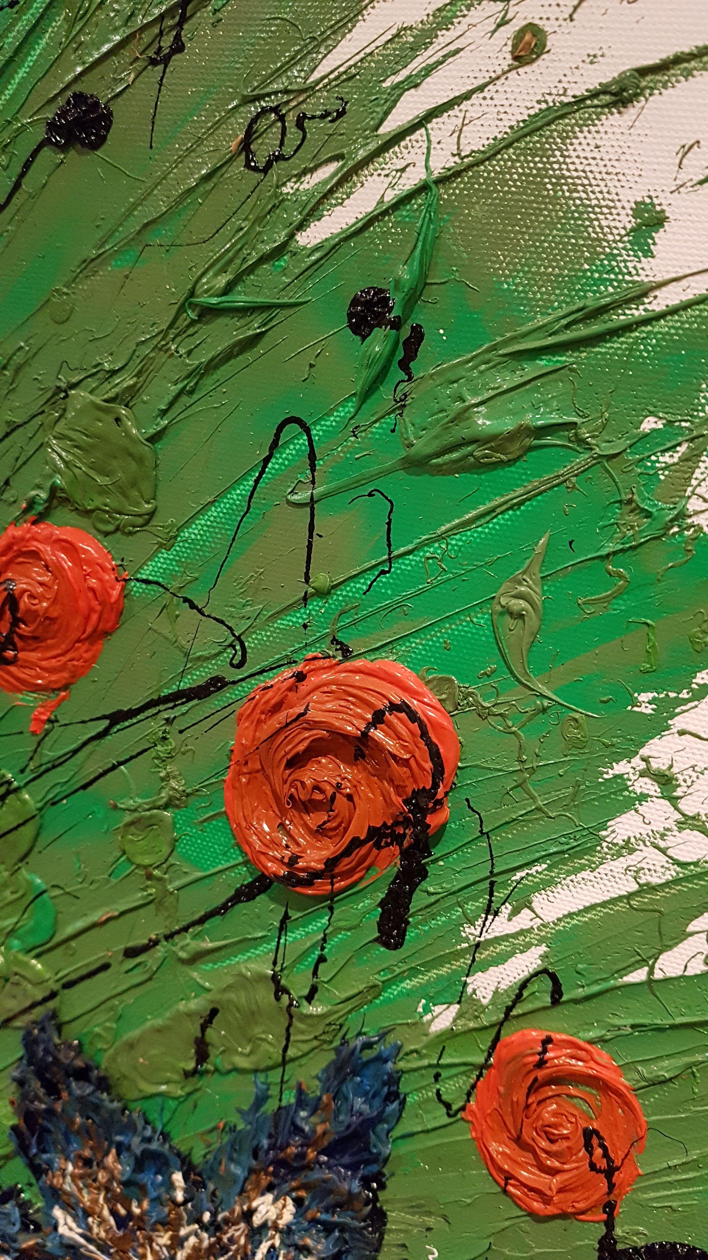 Floral Fantasy is a bold oil painting with the beauty of nature used as inspiration. Textured red-orange roses compliment unique flowers created with palette knives. Flowing green grass bursting with movement mimics wind blowing through blades of