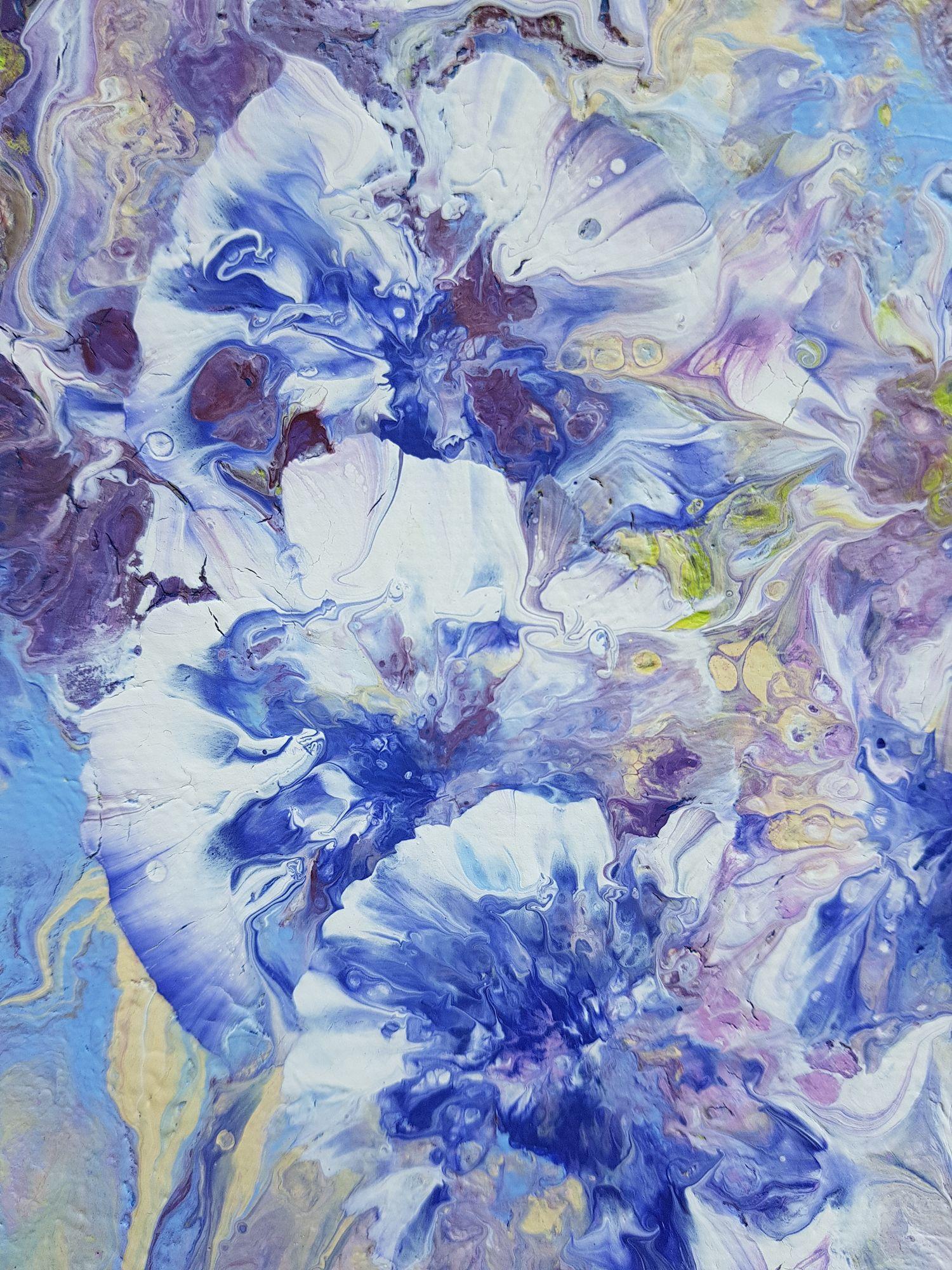 Flowers in the Rain is a beautiful abstract expressionism painting with a calming colour scheme. This one-of-a-kind contemporary statement piece is created with high quality acrylics on a gallery wrapped canvas. Light blue and dark royal blue,
