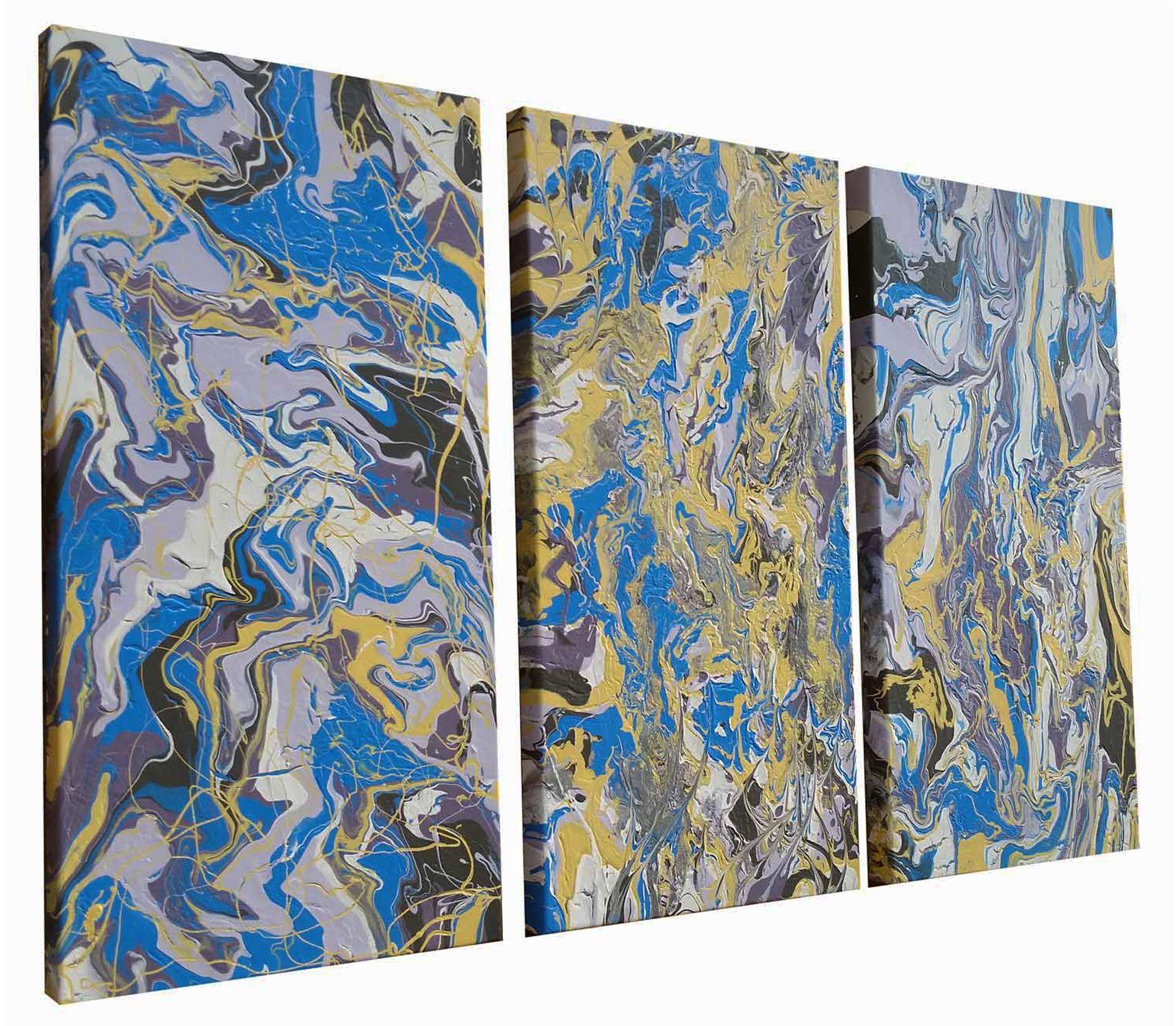 This multi-panel abstract expressionism painting features three unique pieces. It involved layering acrylic paints on top of each other and twisting the canvas, allowing the paint to flow until I reached the desired effect by using gravity as I