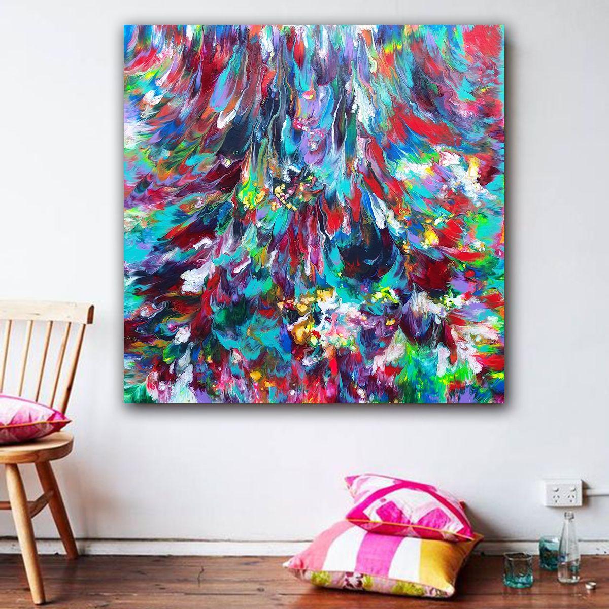 Good Karma is a vibrant abstract acrylic painting that exudes positive energy. This painting will make you smile when you look at it and brings good karma to your home.    Title: Good Karma  Size: 30