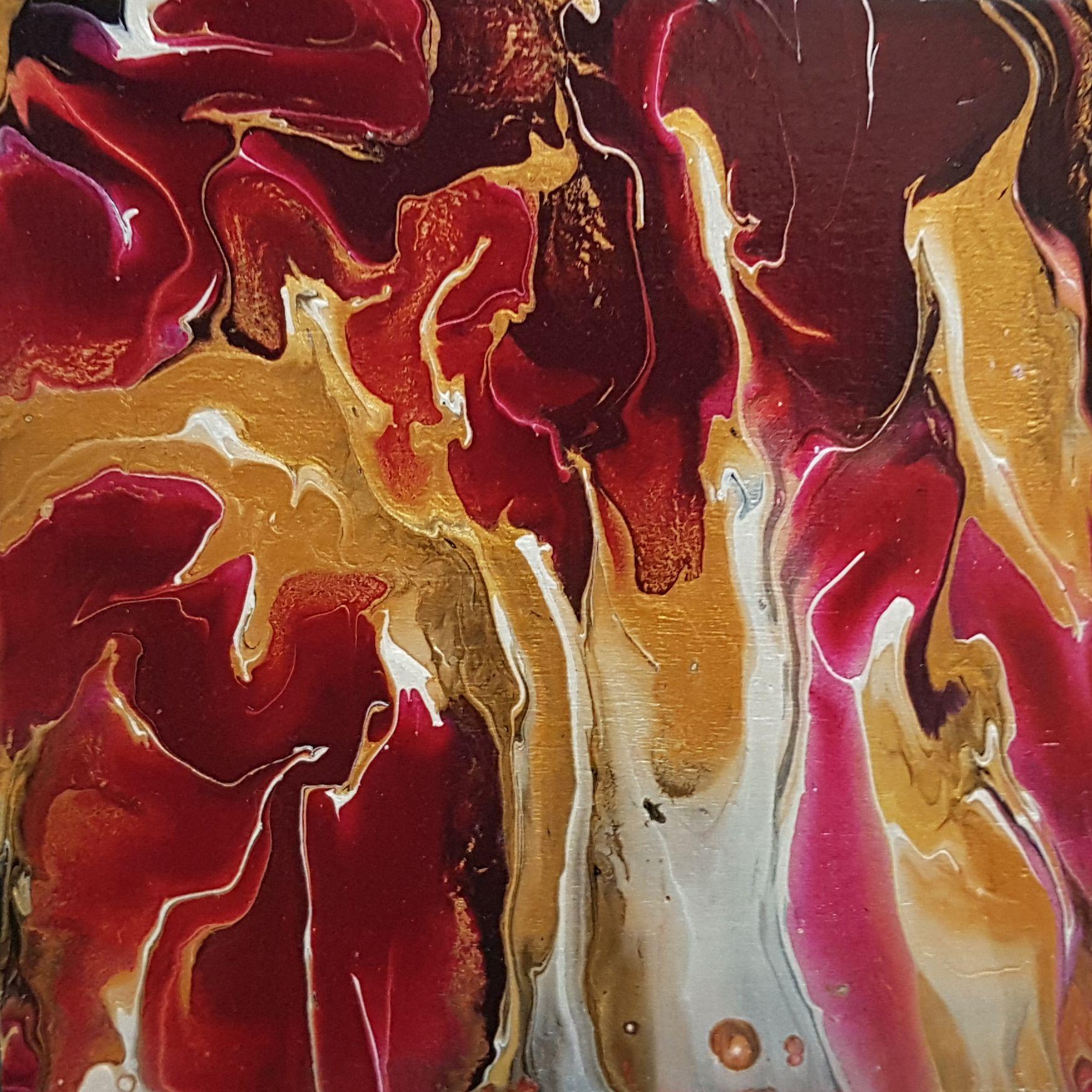 Heart of a Gold is a small abstract painting with flowing movement painted with high quality acrylics. Dark magenta and iridescent gold, along with white highlights and black contrast, makes this original painting look rich and luxurious.    