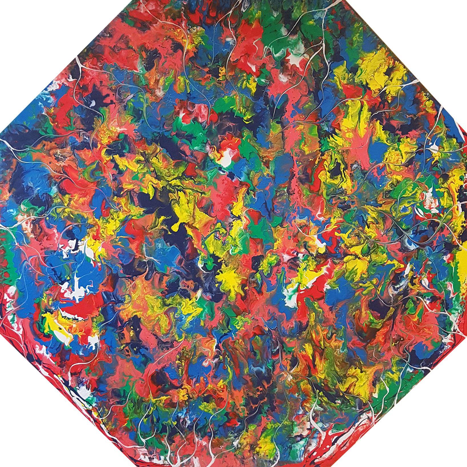 A large abstract expressionism painting with beautiful custom colours and textures. This painting is painted on a custom-made octagon-shaped canvas that my dad built, since I couldn't find anything like this online so he built it and I painted it