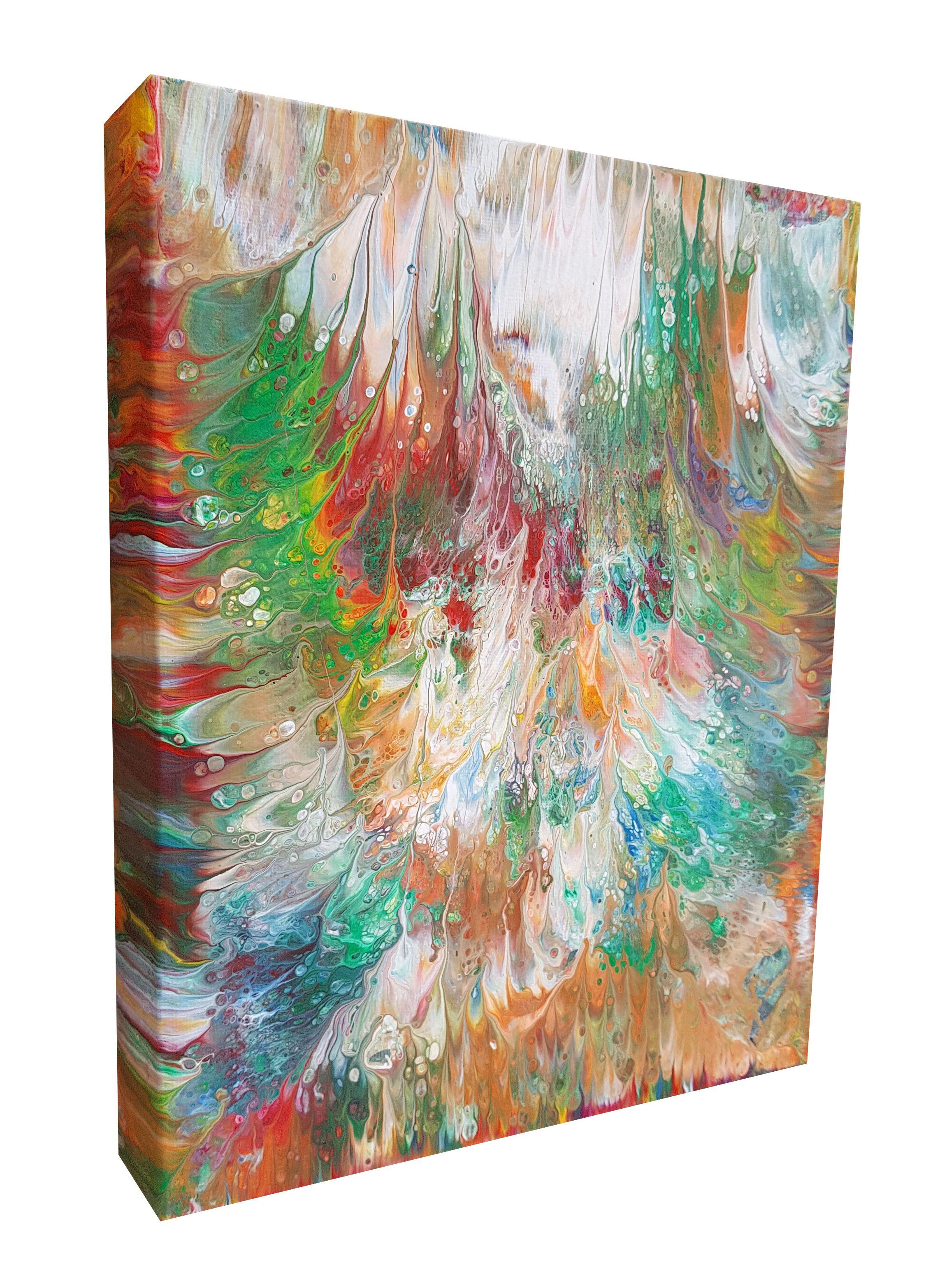 This is a beautiful abstract painting with ethereal white clouds and light blue hues flowing together serenely with vibrant accent colours of red, green, custom light orange and salmon pink. A calming essence and fierce energy combine to create a