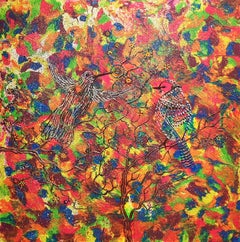 Hummingbird and Blue Jay  24" x 24" x 3", Painting, Acrylic on Wood Panel