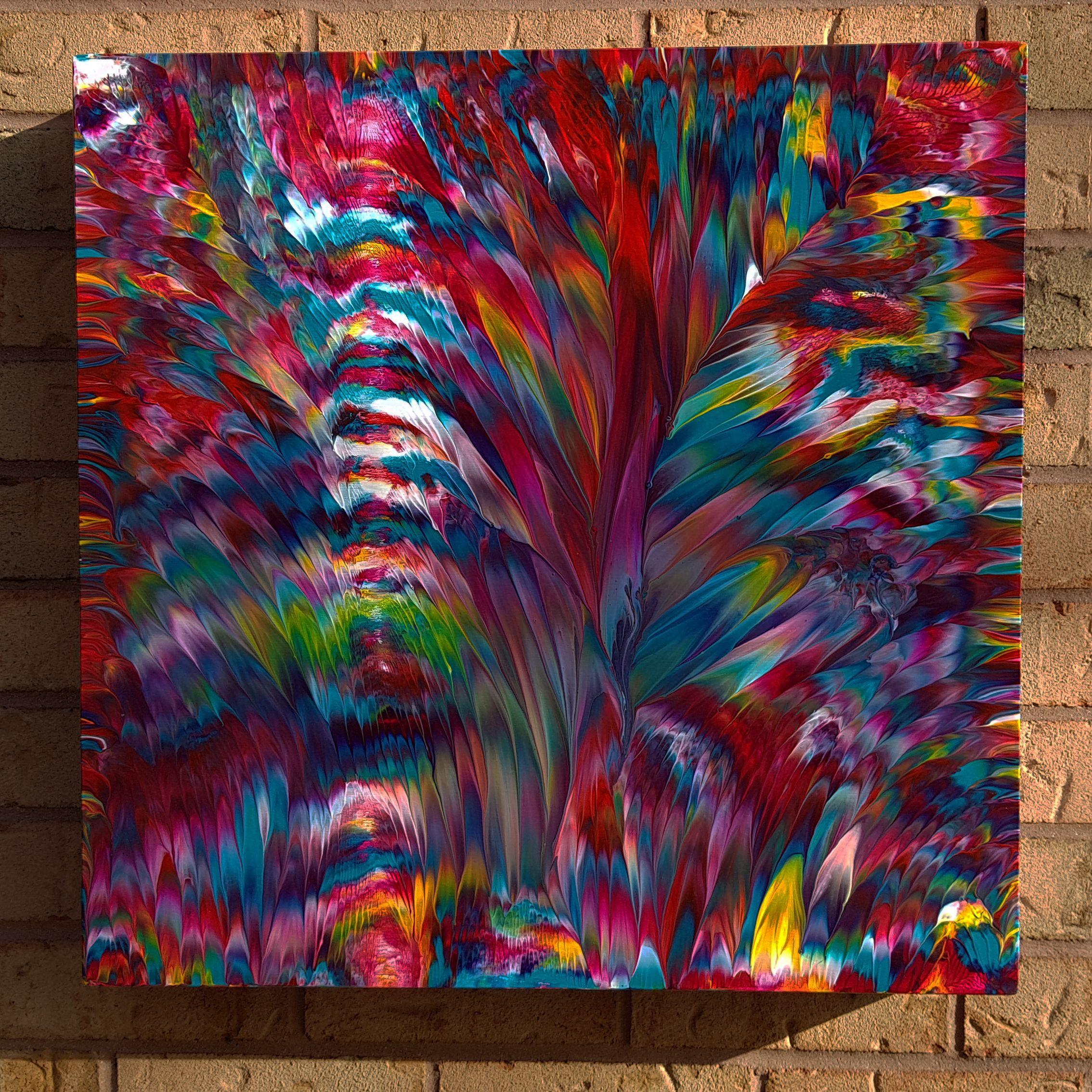 Inside Joseph's Dreamcoat IV is an abstract expressionism painting with liveliness, vibrant colours, unique texture, and a high gloss finish. The vibrant pinks and fuchsias contrast beautifully with the turquoise and teal tones. With a custom-made,