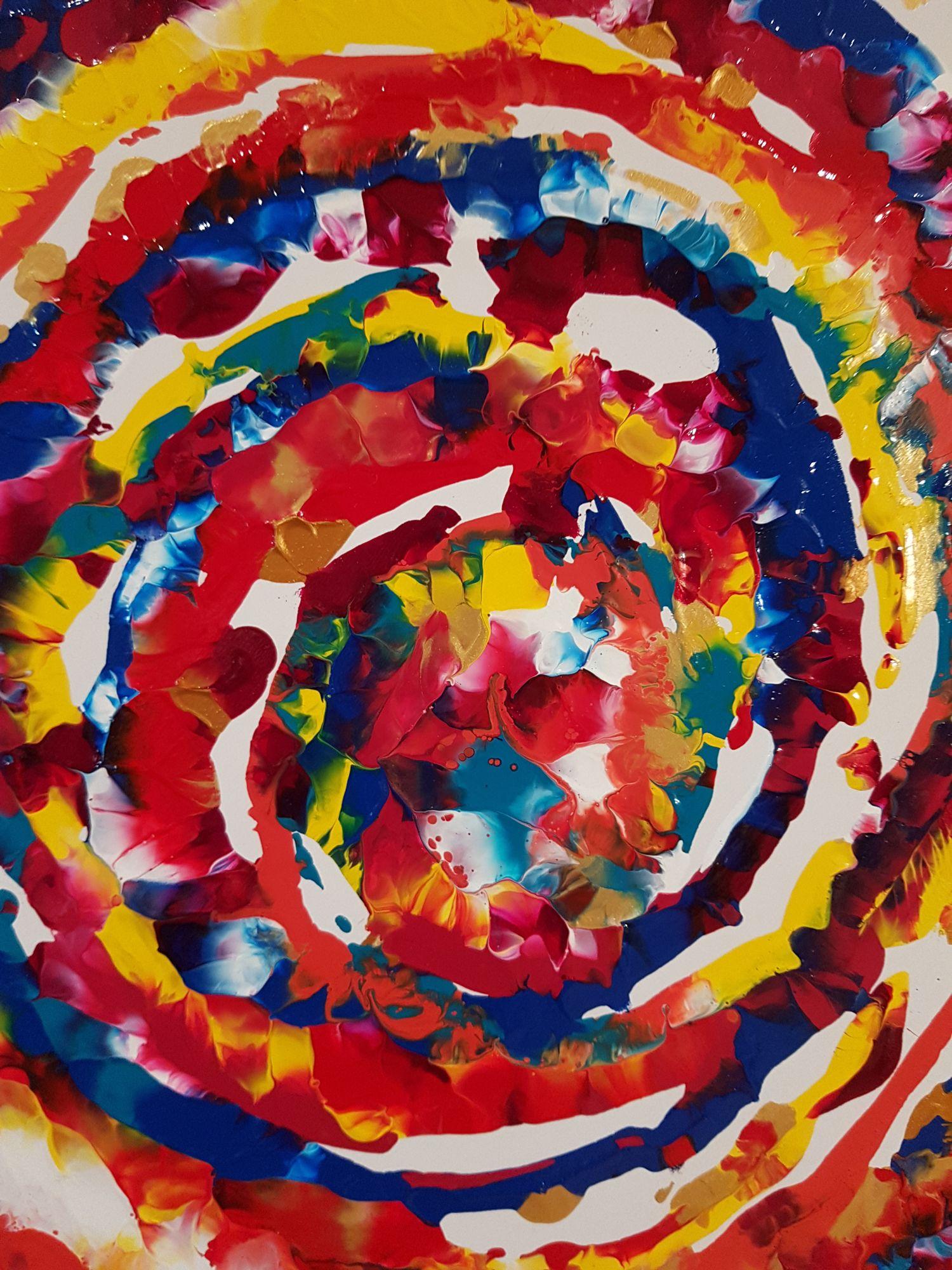 A beautiful vortex motion pattern appears in this abstract expressionism painting with vibrant red, yellow, salmon pink, orange, dark blue, refreshing turquoise, light pale gold, and deep iridescent gold. The negative space is created by painting