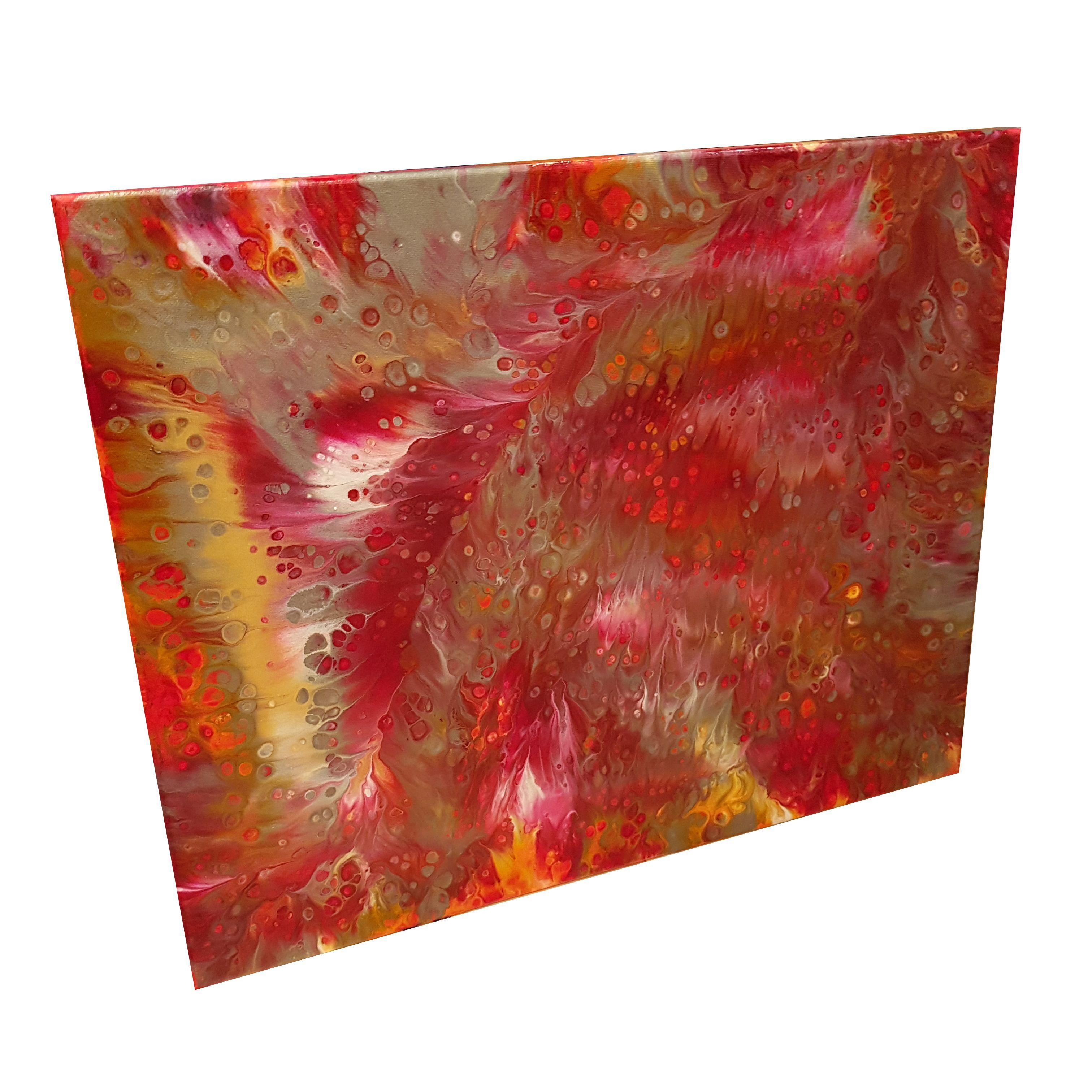 Magenta Sky is a one-of-a-kind abstract expressionism painting with beautiful vibrant colours and movement. The unique, warm sunset colour palette features pale gold, and a deep rich gold, with dark copper complementing the bold magenta and vivid