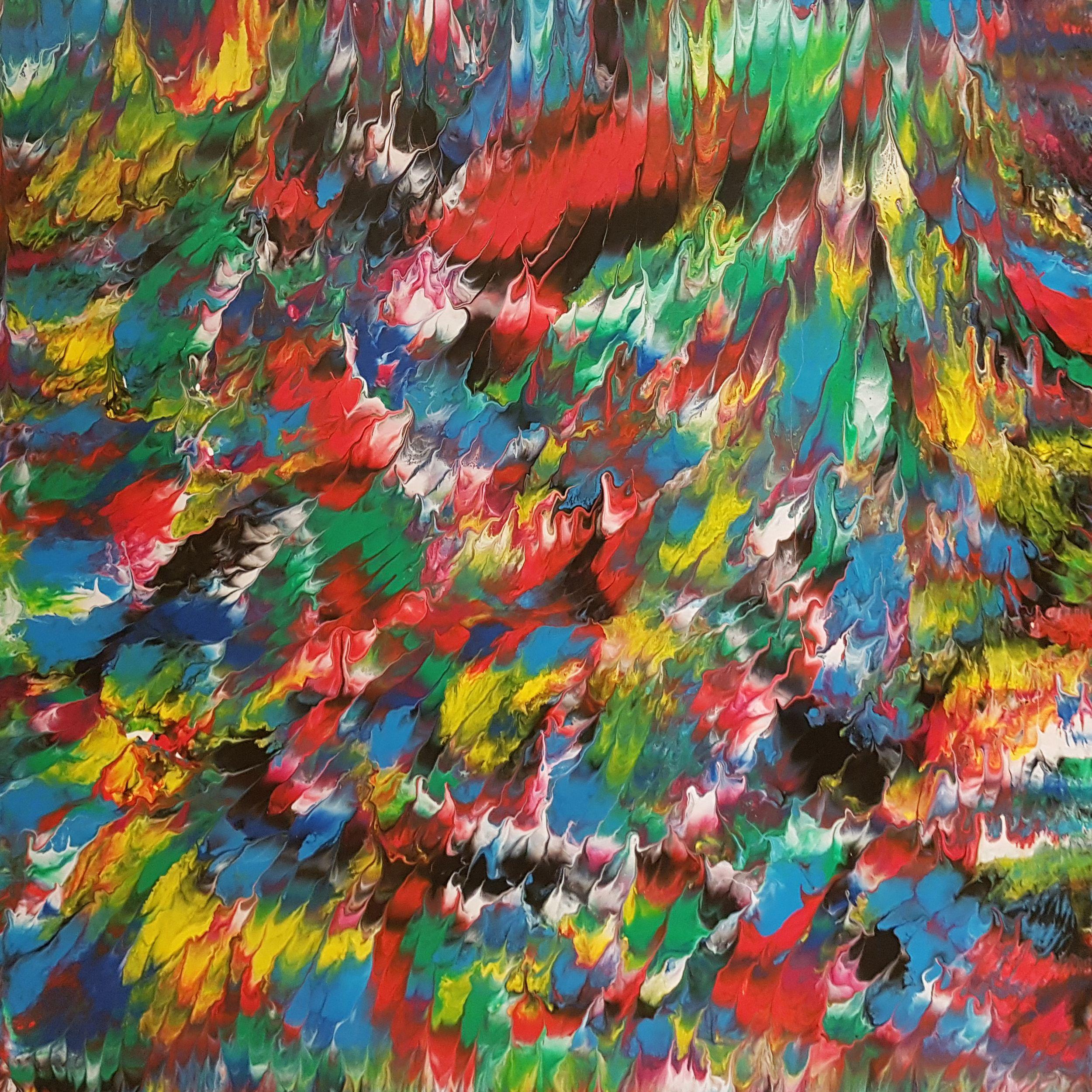 Beautiful jewel tones are used in this large abstract expressionism painting, including sapphire blue, ruby red, emerald green, citrine, amethyst purple, and sky blue topaz, with black contrast and white for highlights. Vivid colours are painted on