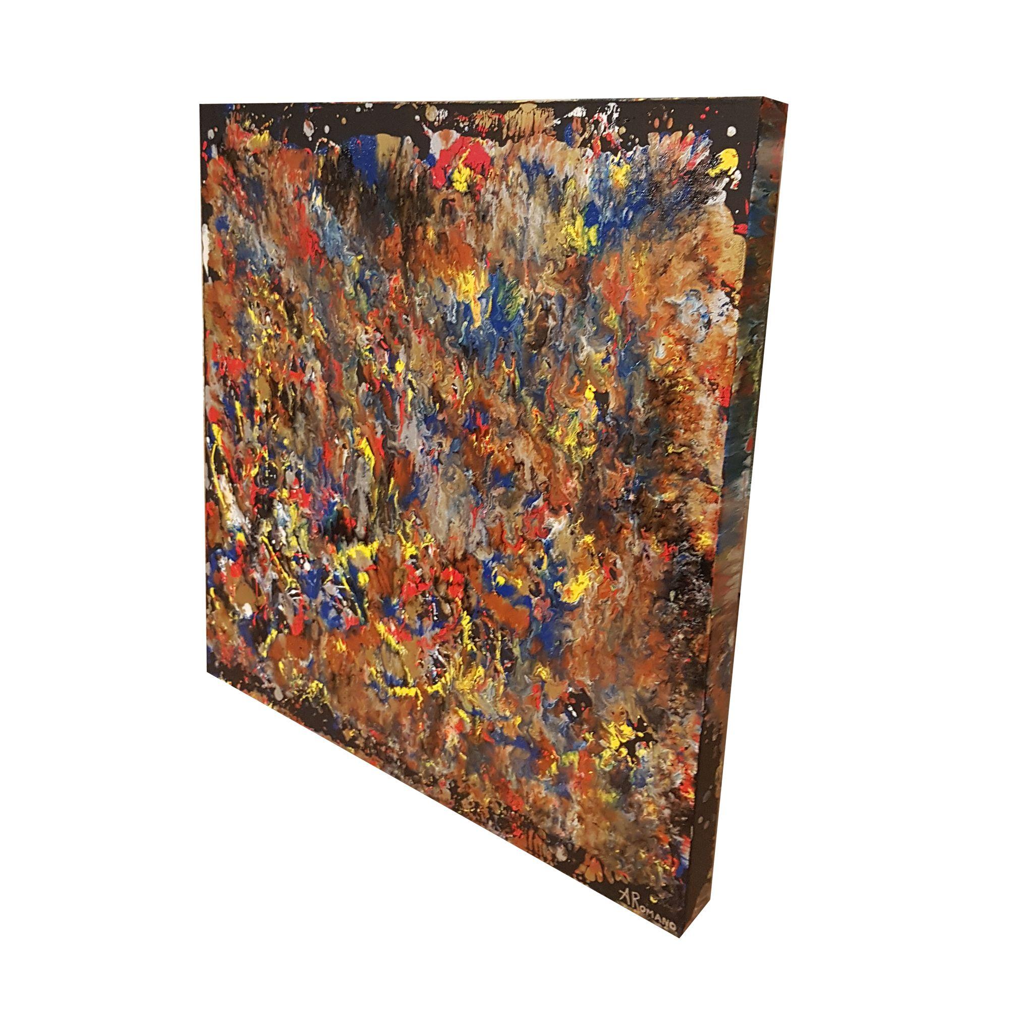 Metallic Flames ist ein originelles abstraktes Mixed-Media-Gemälde mit leuchtenden Primärfarben, fließenden Bewegungen, einzigartigen Texturen und metallischem Kupfer, Bronze, Messing und Gold auf schwarzem Hintergrund.      Hochglanz-Emaille und
