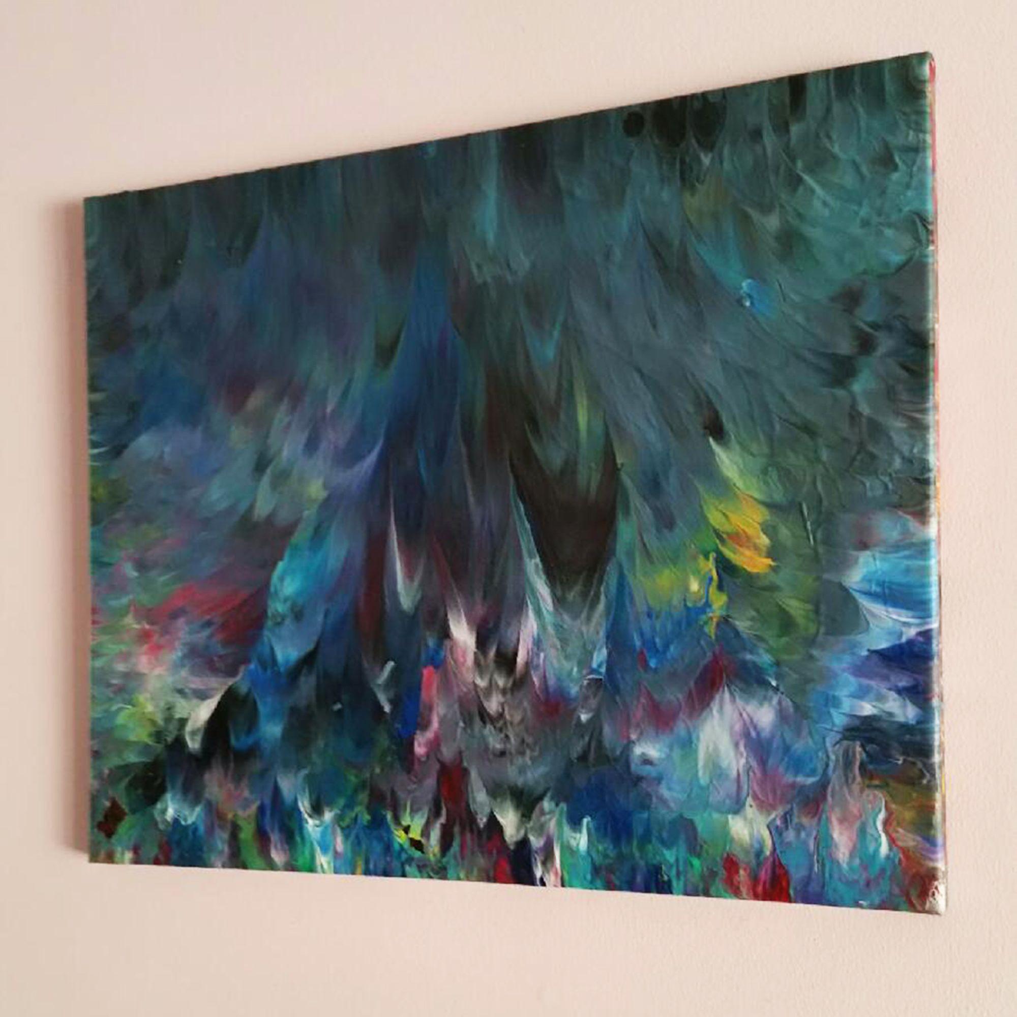 'Morning Glory' is an abstract painting with a unique texture and a stunning colour palette primarily comprised of dark blue tones and black with refreshing turquoise and vibrant accent colours.    Original Painting  Created in 2018  Acrylic on