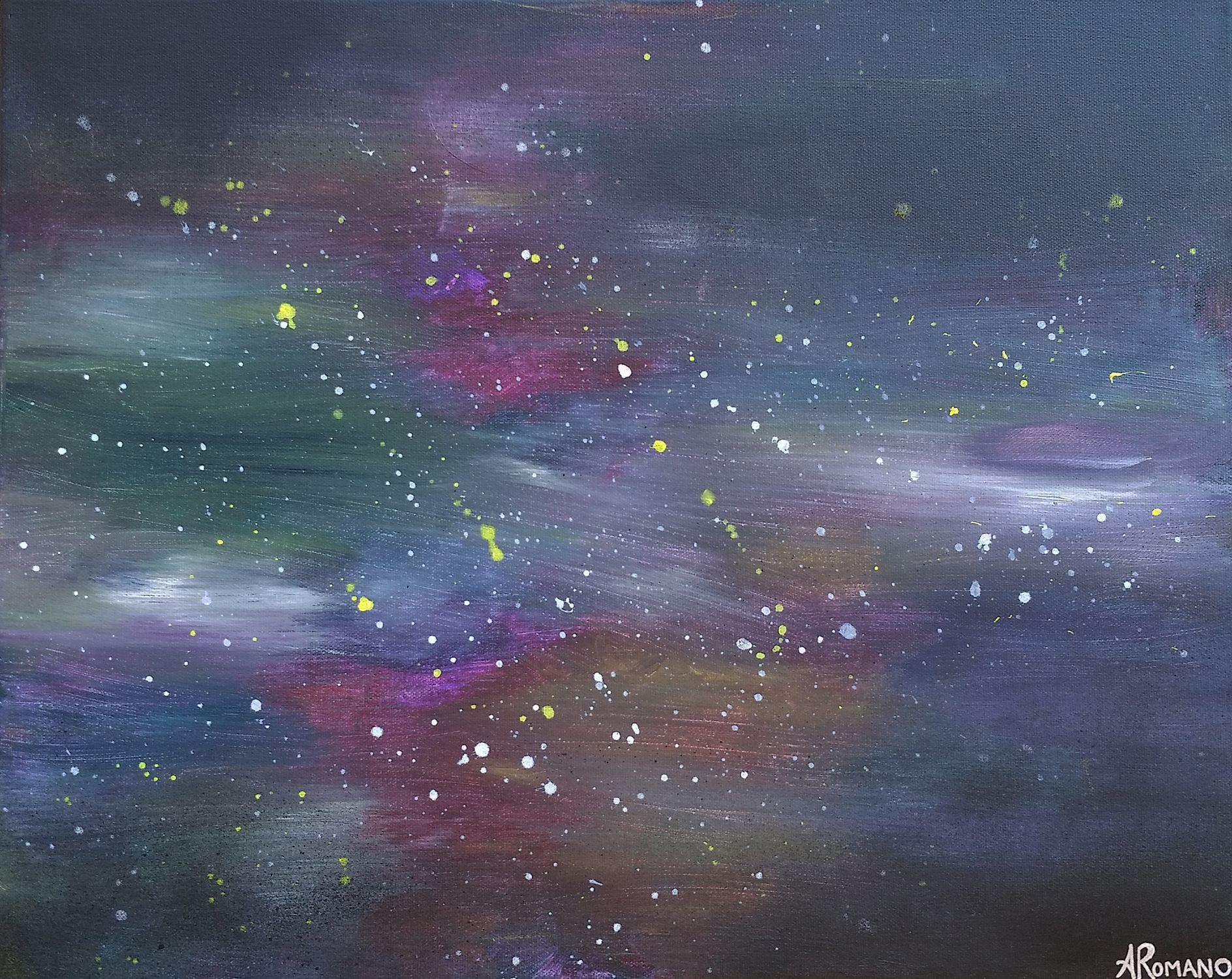 Abstract painting with expressive brushstroke movement that captures the essence of outer space with dark navy blue and black contrasted with green, magenta, and violet tones and stars that represent the cosmos done in splatter paint style.   