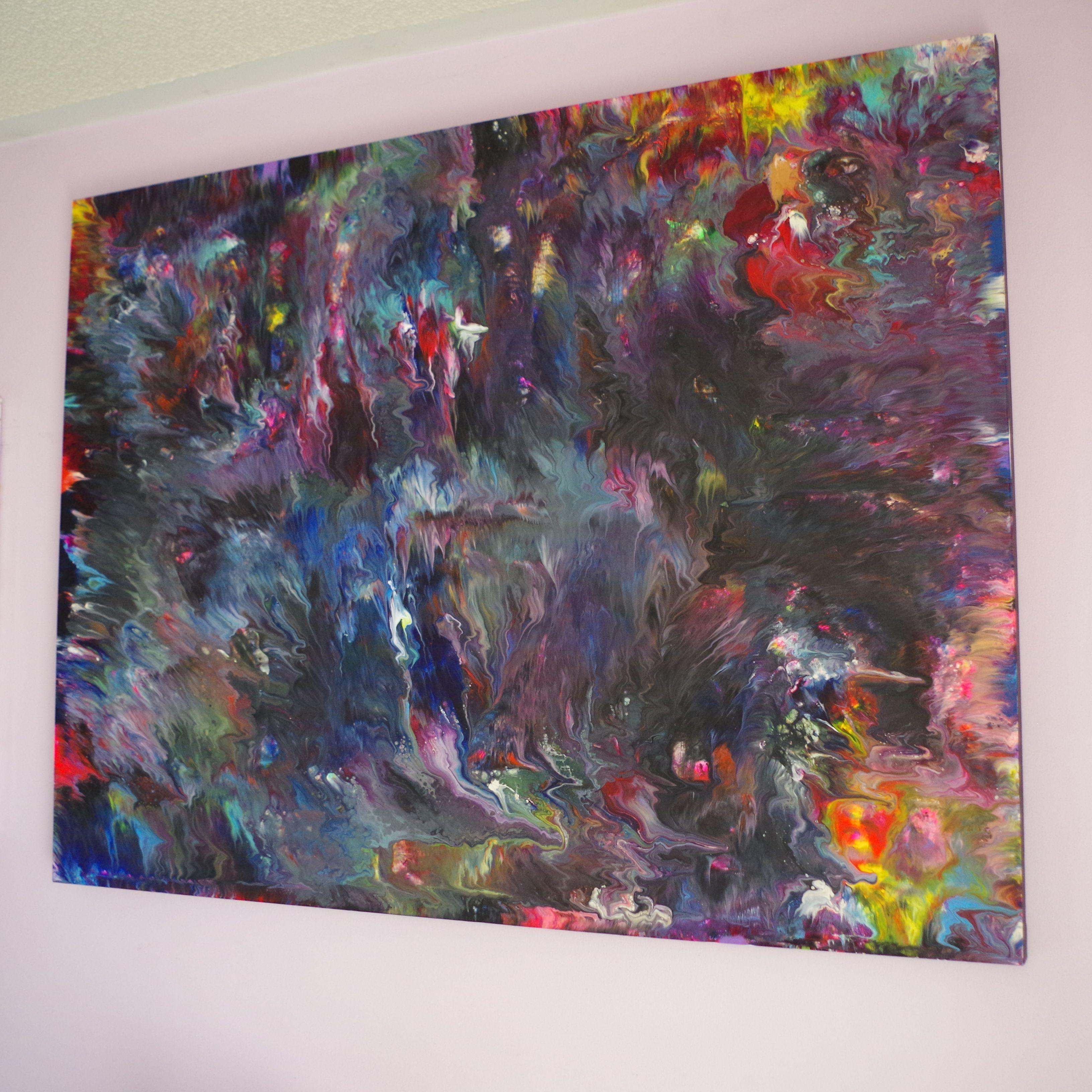 This one-of-a-kind abstract features expressive movement and bursts of vivid colours that resemble the dancing lights of the aurora borealis. Black, gray, blue, and violet colours blend with a refreshing turquoise accent, as well as yellow, orange,