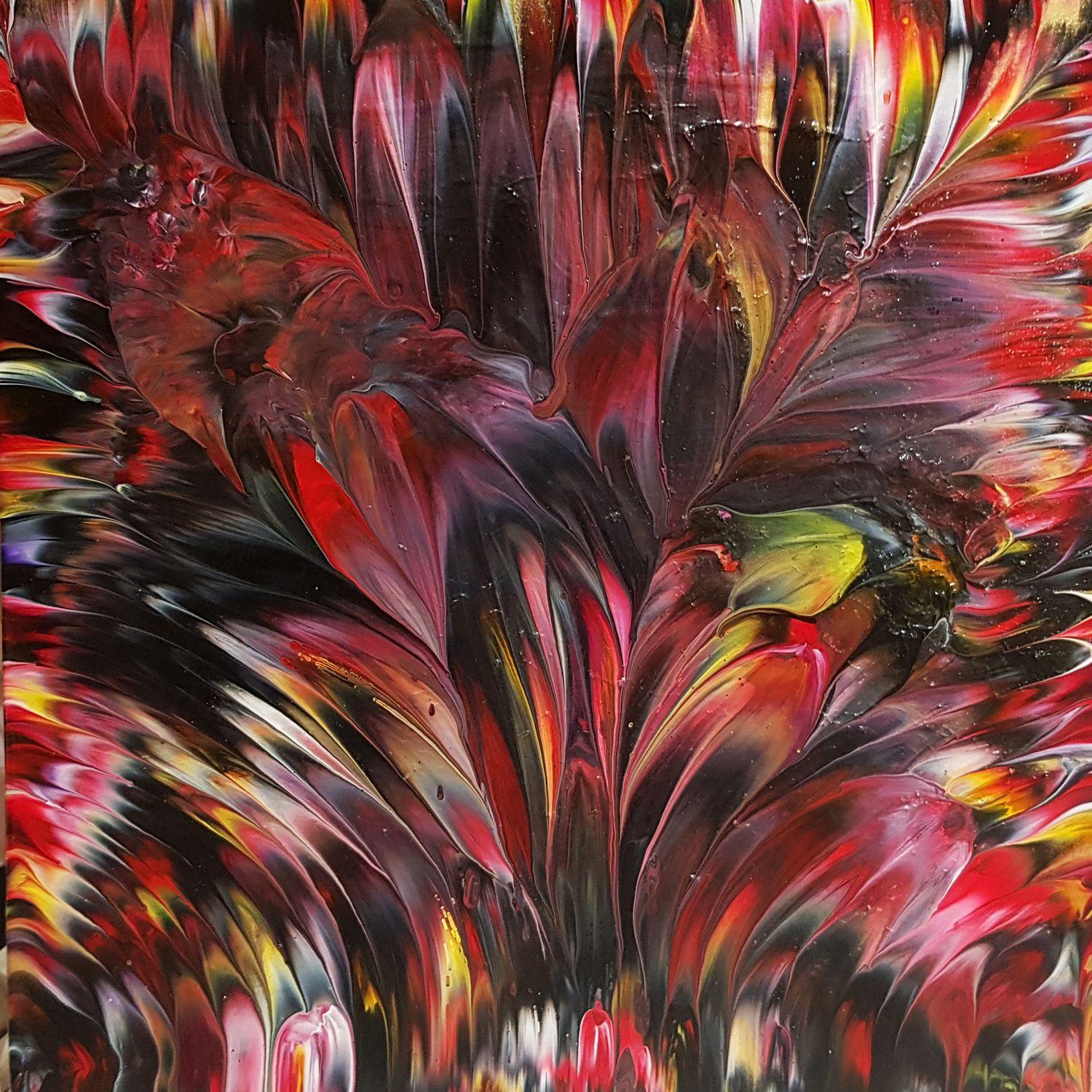 Phoenix Feathers is an expressive painting with blazing red and yellow to represent the fight of the flames and how pain may sear, but the yellow also represents hope and optimism, illustrating that we wouldn't know what joy was unless we had