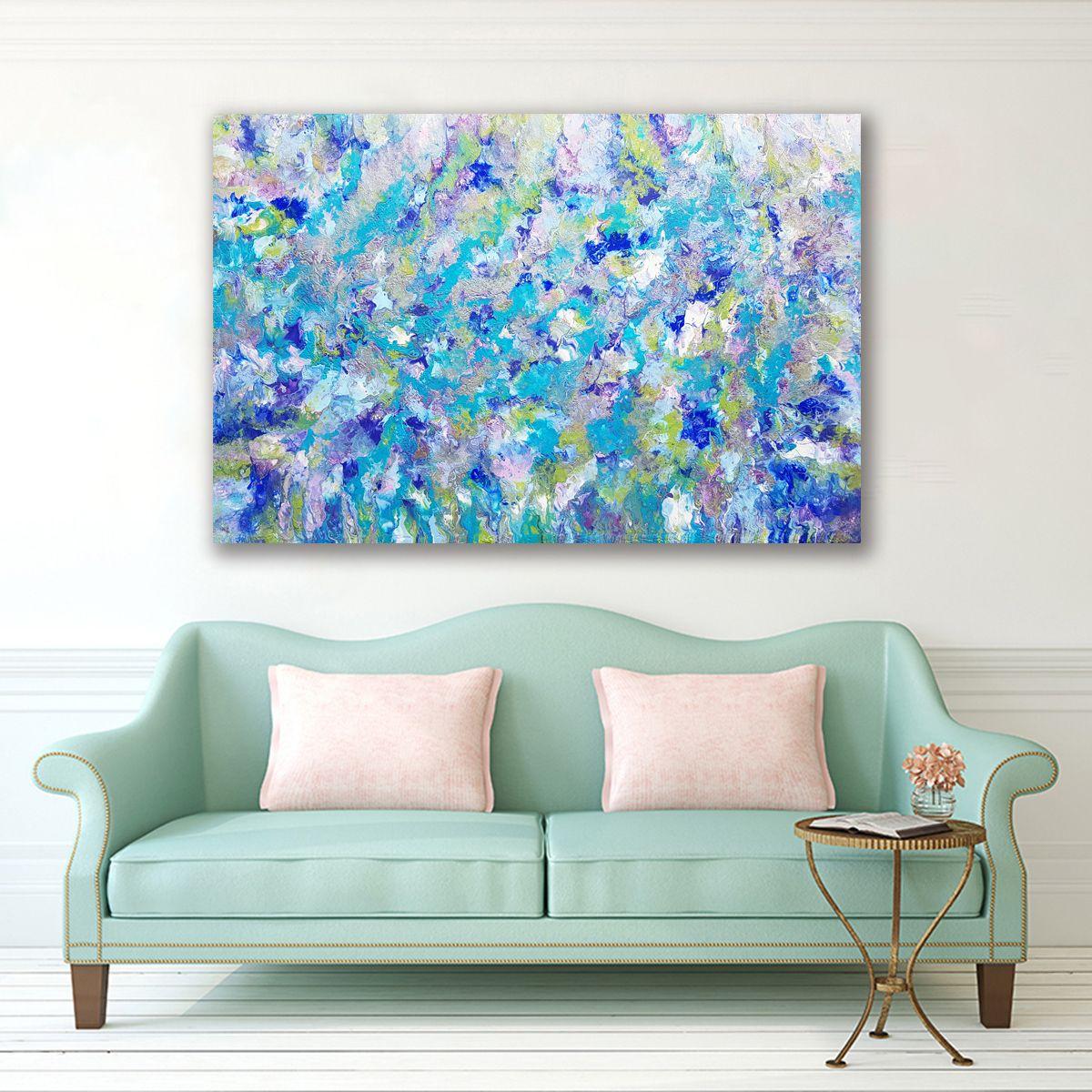 Poseidon's Garden is a large, original, abstract expressionism painting with bold yet relaxing cool colours: royal blue, turquoise and teal along with the movement in the painting captures the intense, mystical beauty of life in Poseidon's Garden.  
