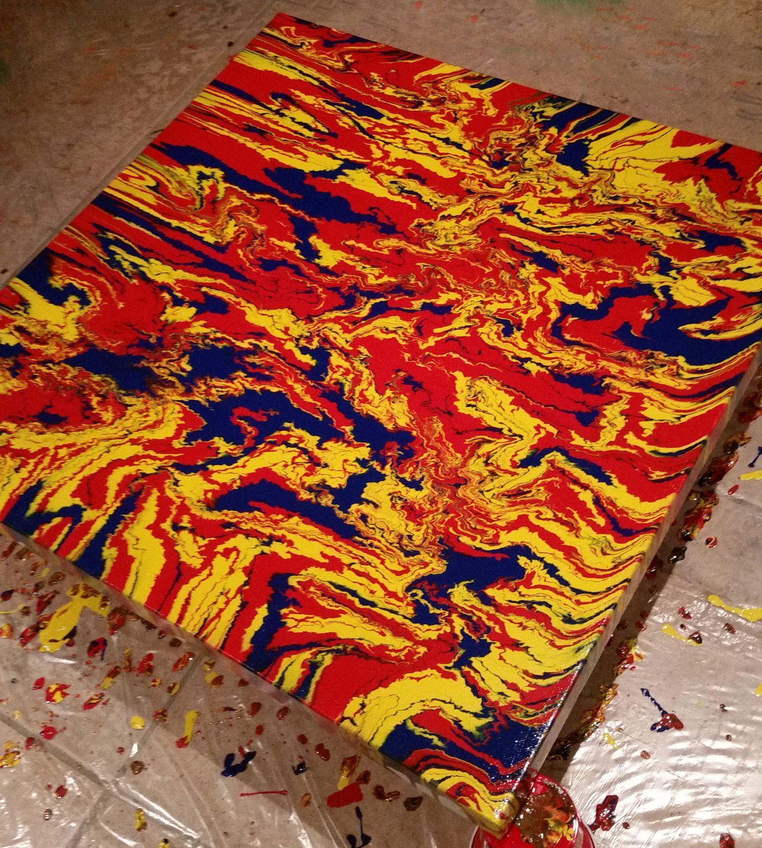 Kühnes abstraktes expressionistisches Gemälde mit leuchtenden Primärfarben: Rot, Gelb und Blau. Dieses Originalgemälde ist Teil der 
