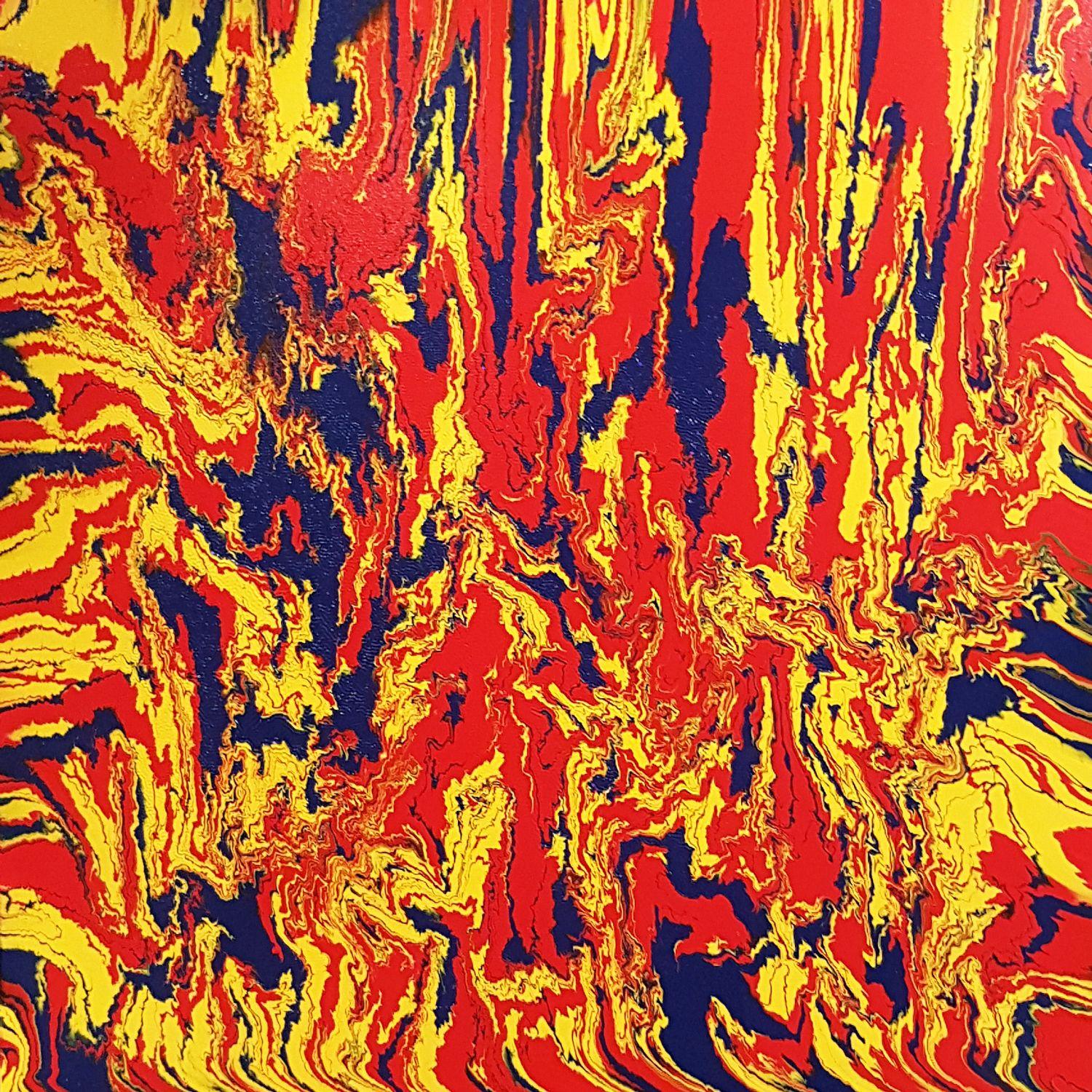 Bold abstract expressionism painting with vibrant primary colours; red, yellow, and blue. This original painting is a part of the "Primary Collection" which features one-of-a-kind statement pieces with a high gloss finish, spontaneous movement, and