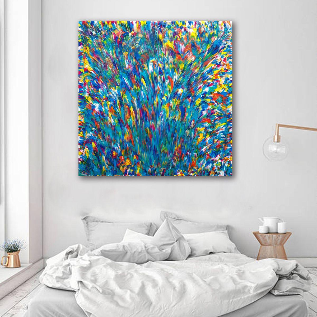 Psychedelic Waterfall No. 2 is a bold, vibrant, original, abstract expressionism painting with cool blue hues surrounded by electric yellow, orange, magenta and white; creating a stunning focal point that will stand out in your home. The fierce,