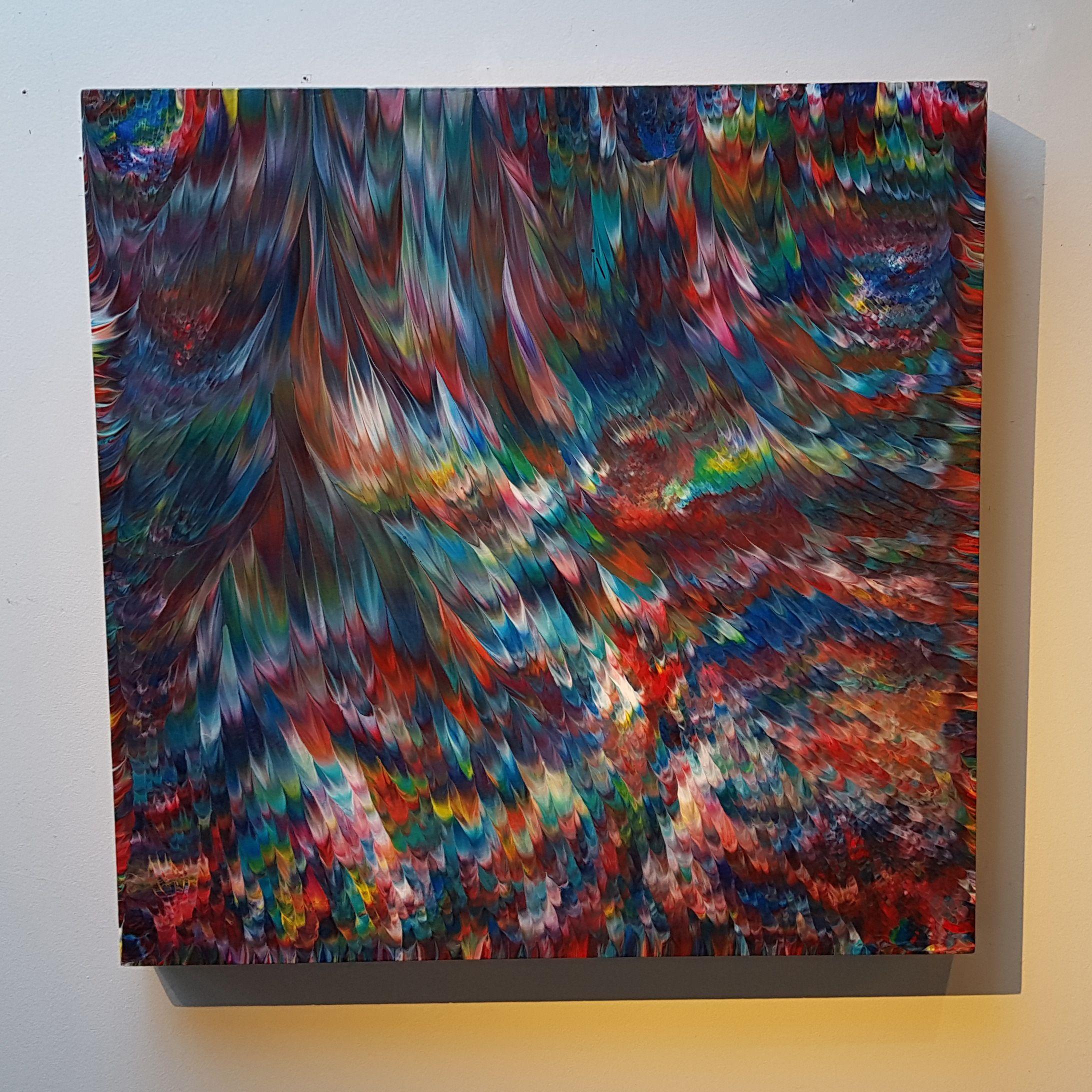 This beautiful textured abstract expressionism painting features a mix of beautiful dark blues, vibrant reds, oranges, turquoise, and many other gorgeous custom colors. This movement is inspired by waterfalls, and the high-gloss finish makes the