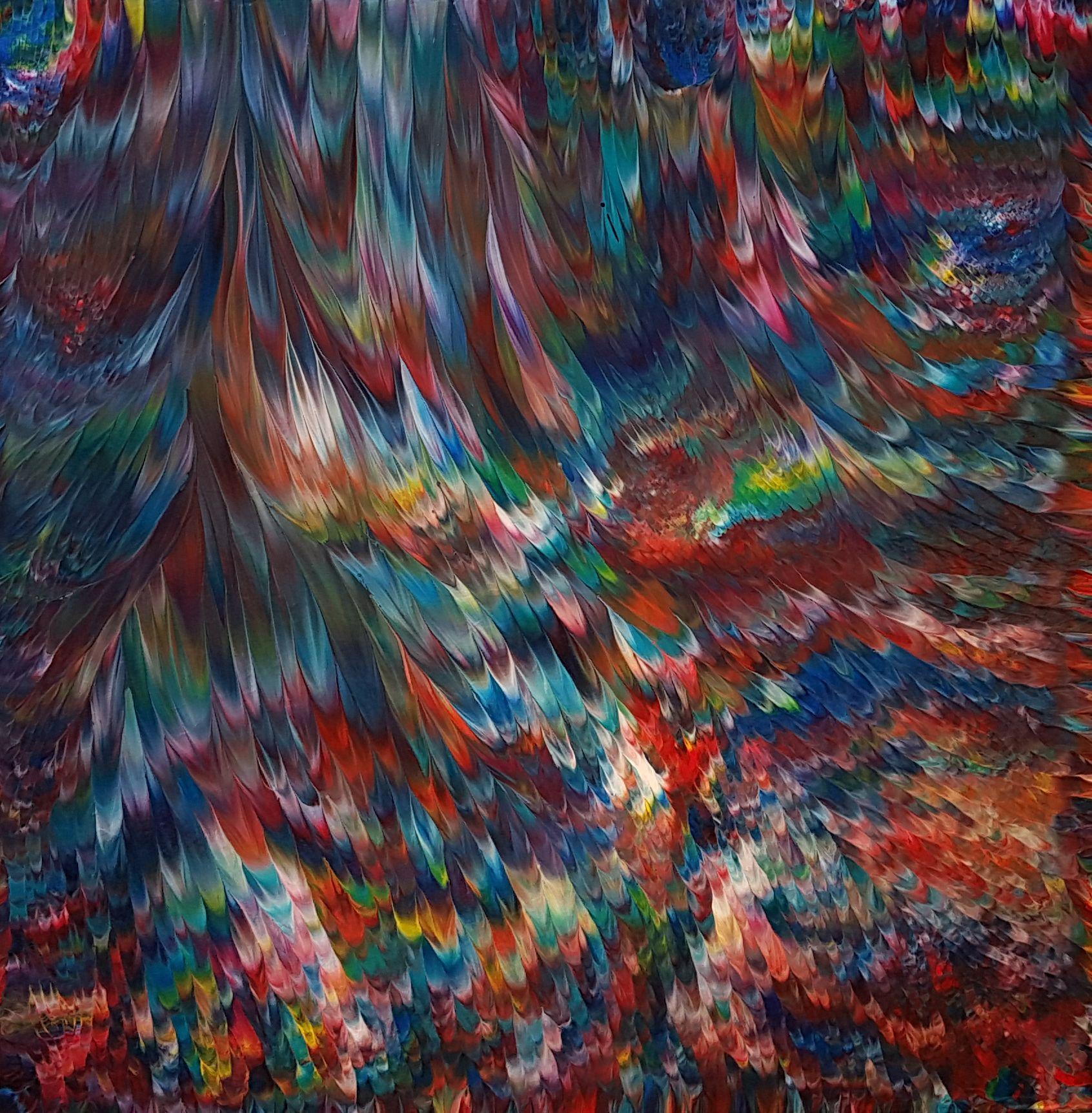 Alexandra Romano Abstract Painting – Psychedelischer Wasserfall Nr. 4  36 Zoll x 36 Zoll, Gemälde, Acryl auf Holzplatte
